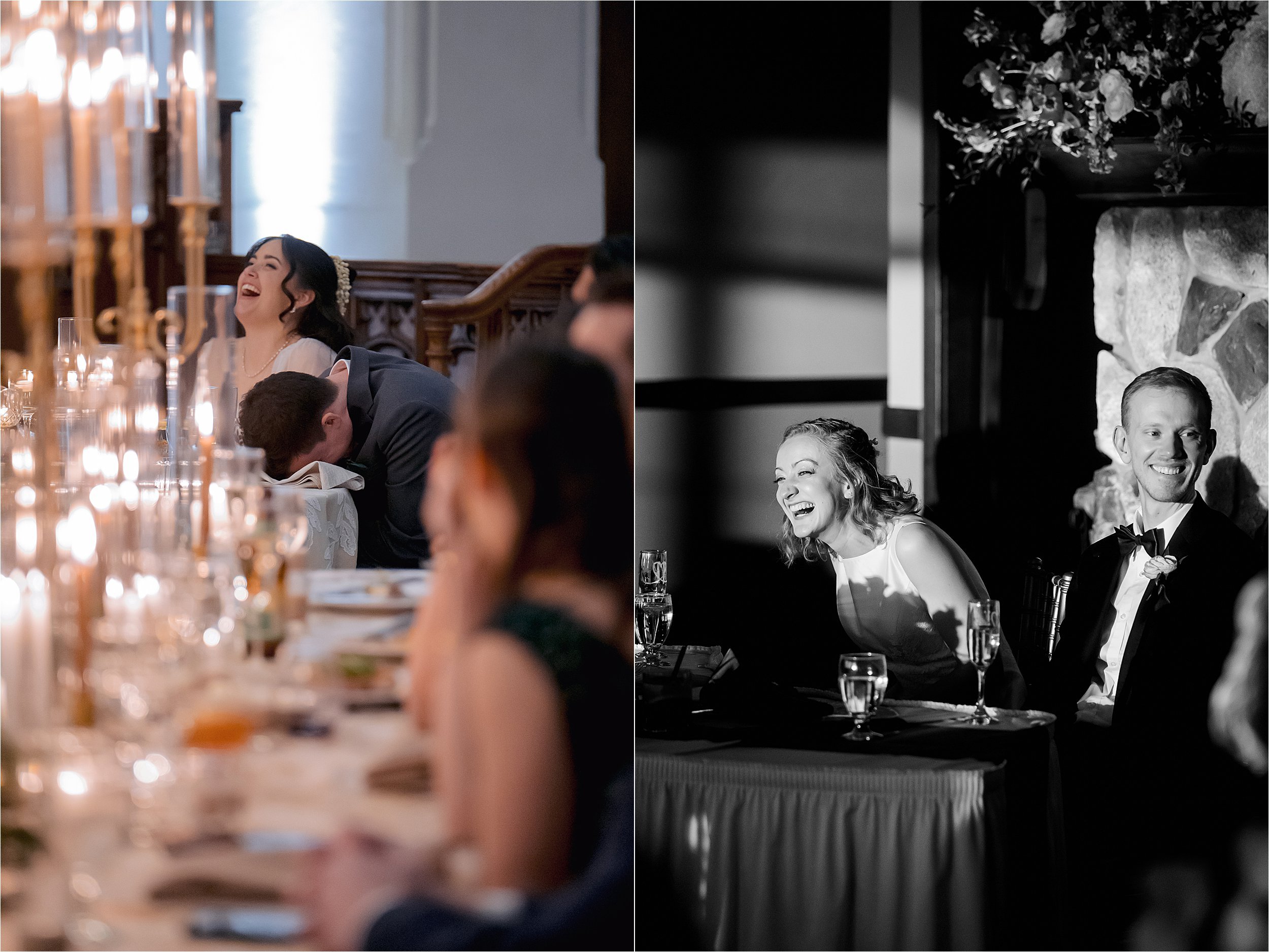 Bride and groom laughing during wedding speeches