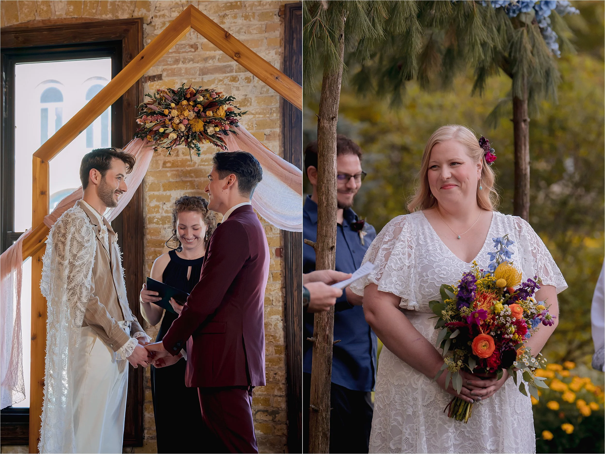 To grooms at LGBTQ wedding and bride smiling and emotional during wedding ceremony