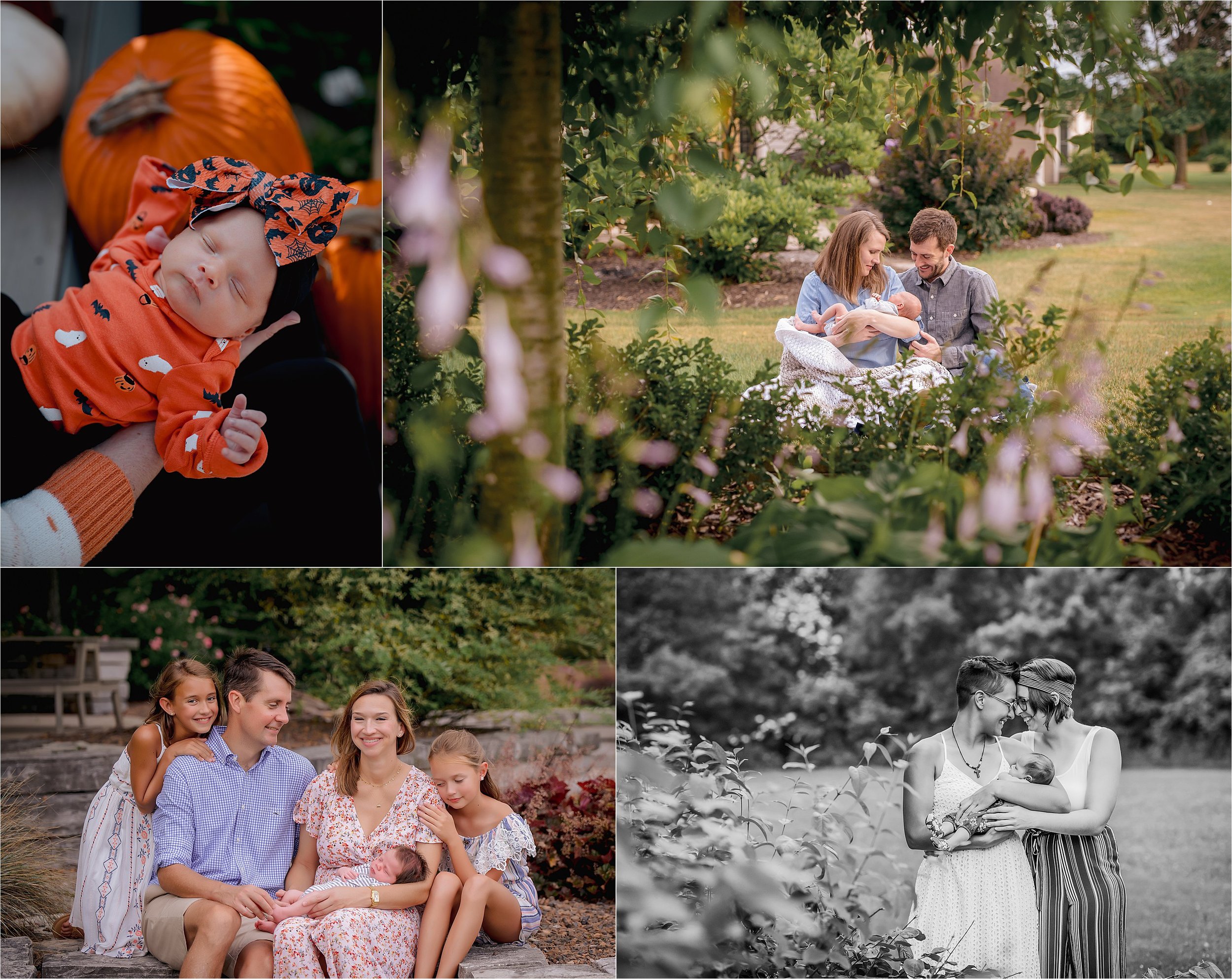 Family holding their newborn outdoors in their backyard during a relaxed lifestyle newborn photography session