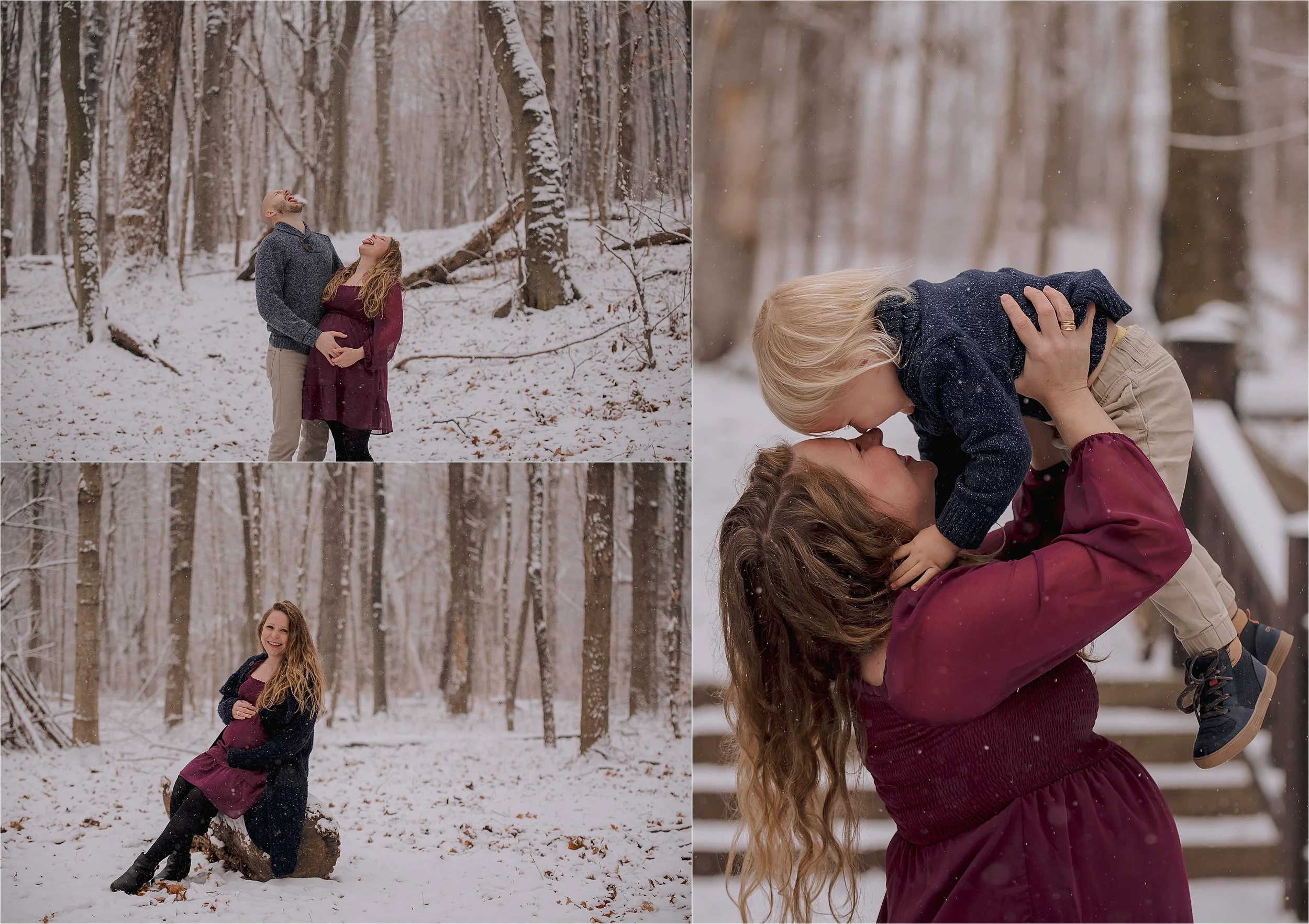 Winter maternity photos in snowy forest with family and child