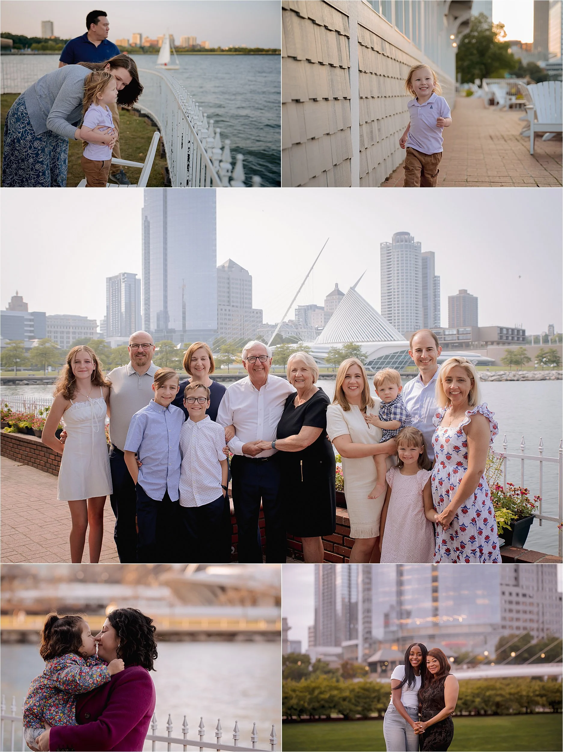 Family photos near Harbor House in Milwaukee with lakefront views, city skyline, and brick walkway
