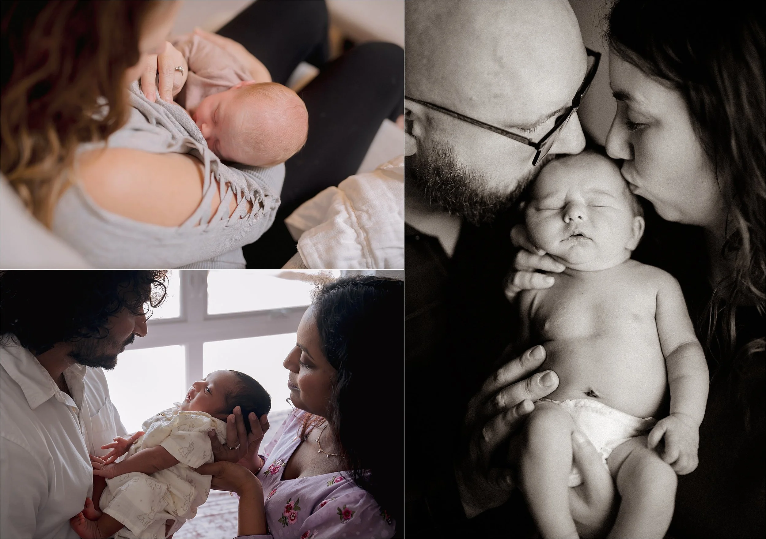 Parents holding and interacting with their newborn during a relaxed and unposed newborn photography session