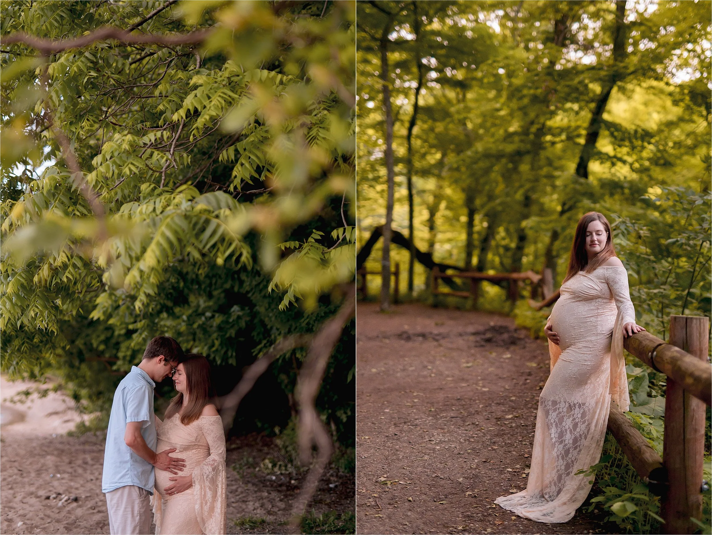 Couple at Grant Park Seven Bridges with flowing blue maternity dress near Lake Michigan