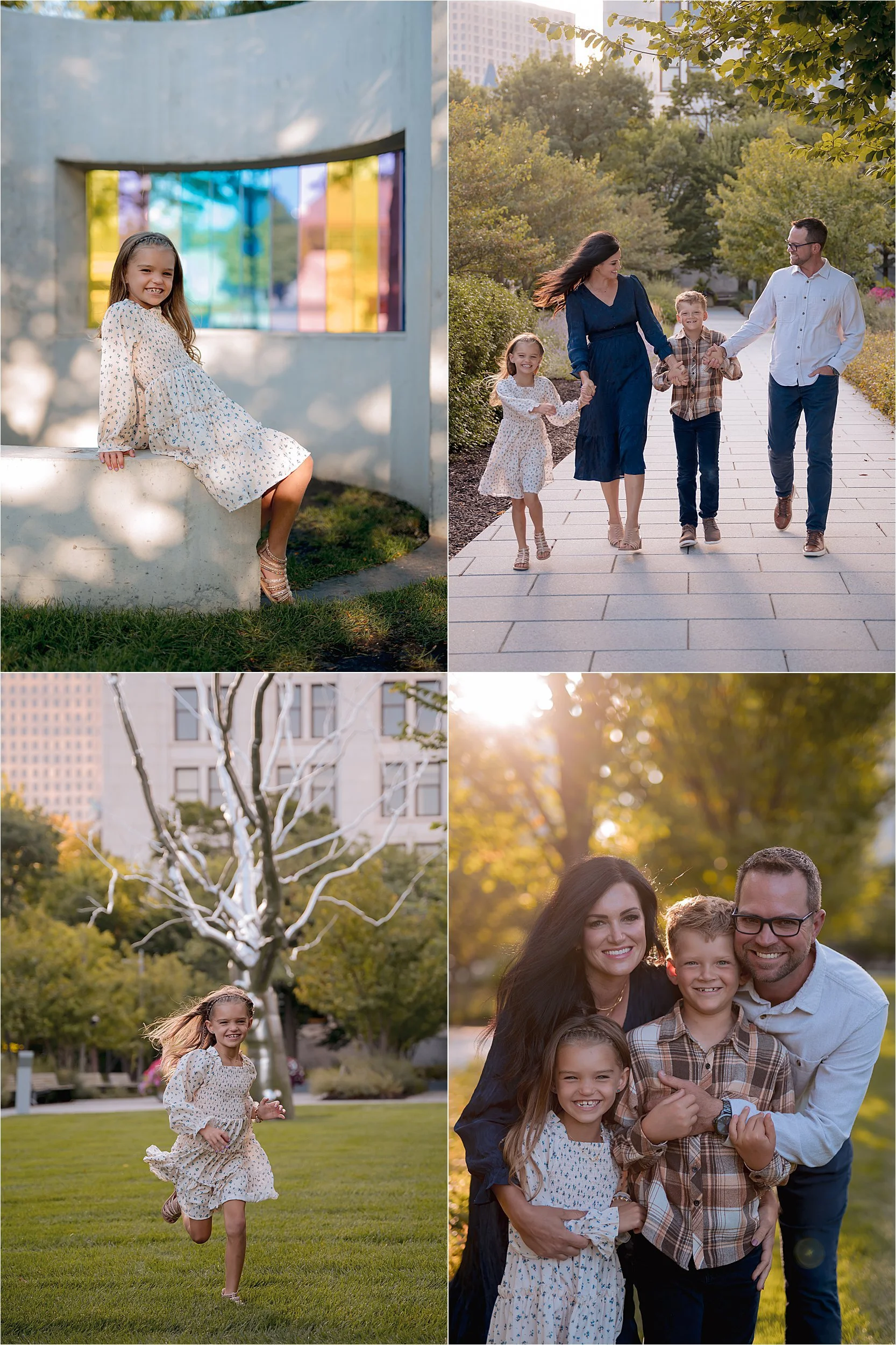 Family mini session at Northwestern Mutual Gardens in Milwaukee with manicured gardens, pathways, and downtown architecture