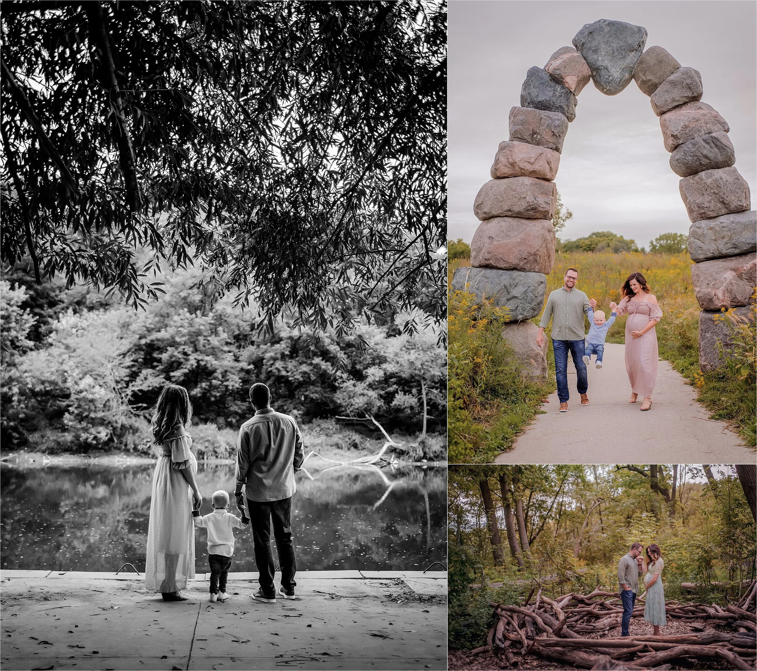 Family maternity session at Riverside Park in Milwaukee with parents and son outdoors by stone archway