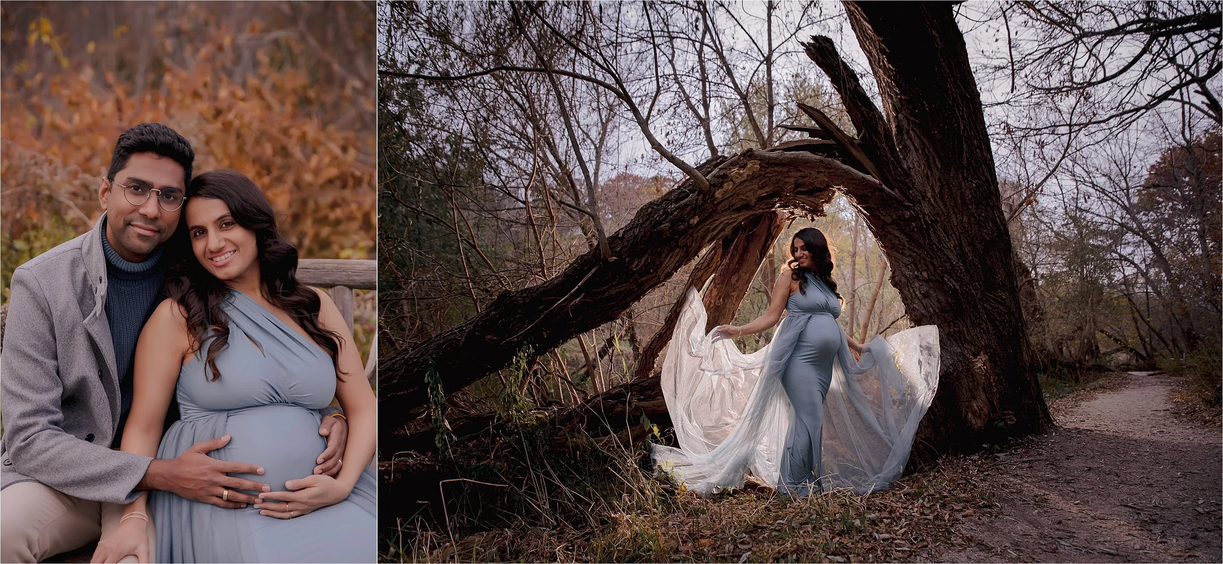 Maternity session with flowing dress in natural wooded Milwaukee location of Riverside Park