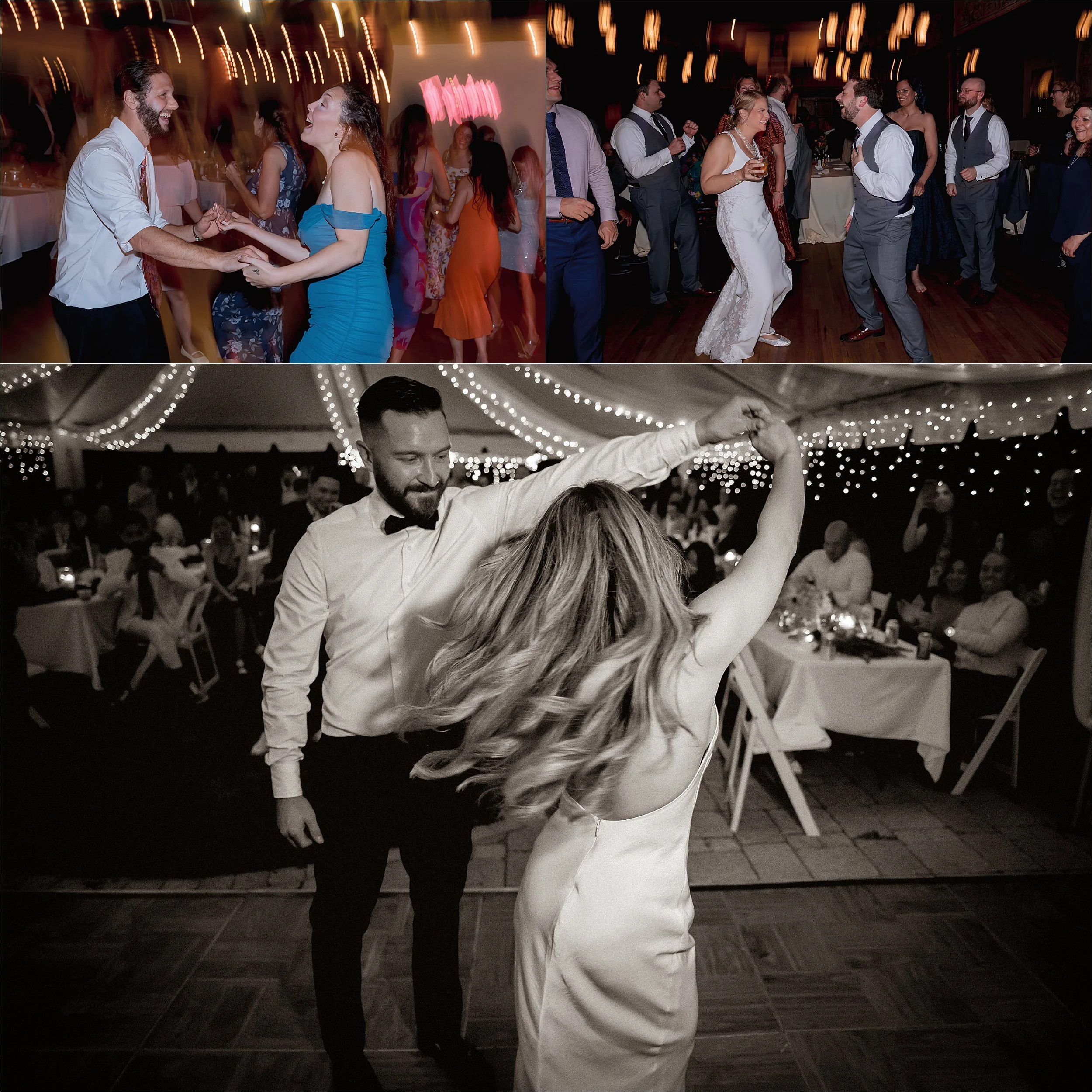 Guests dancing at wedding reception with motion blur