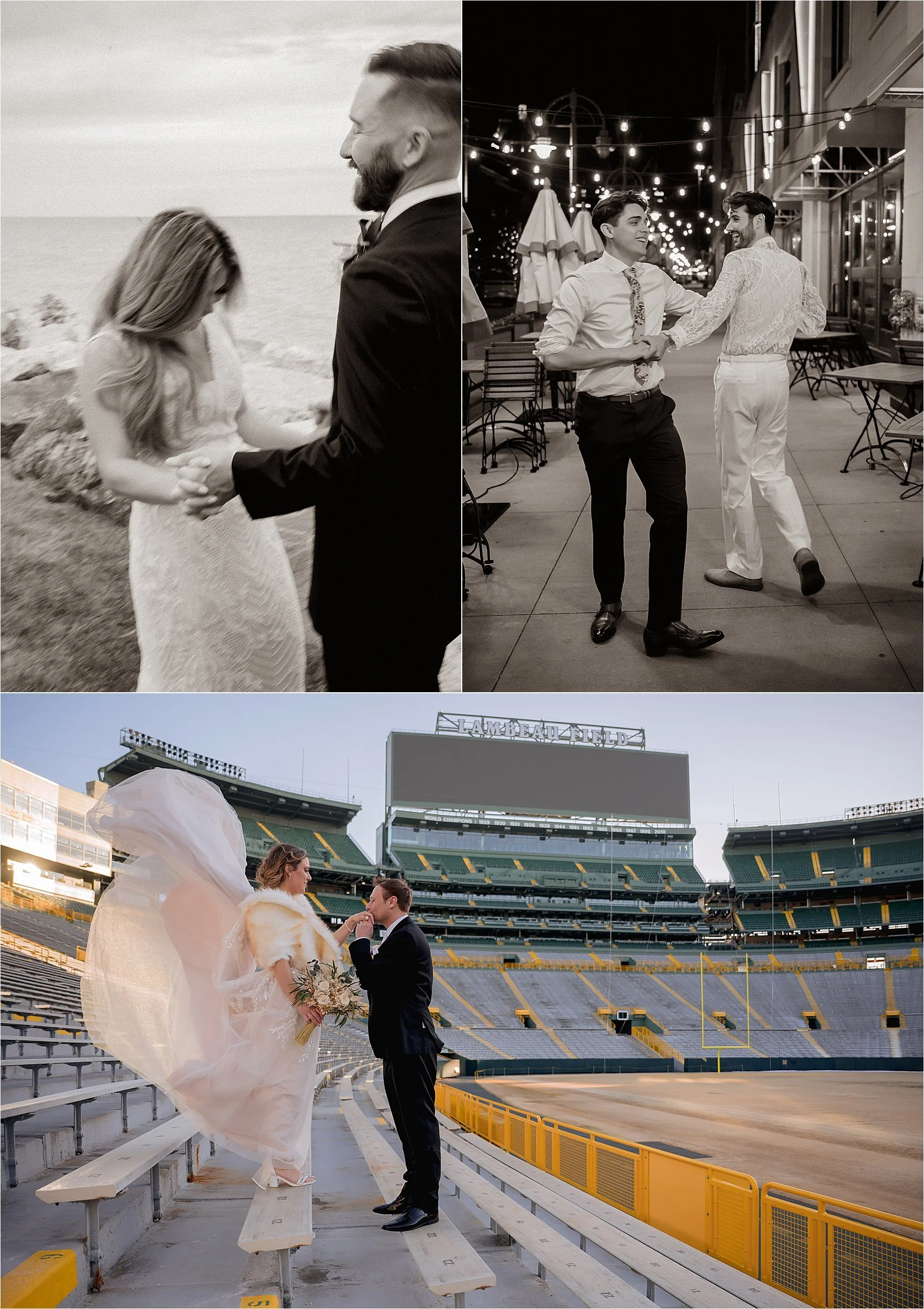 grooms dancing during wedding portraits and train caught in air at lambeau field