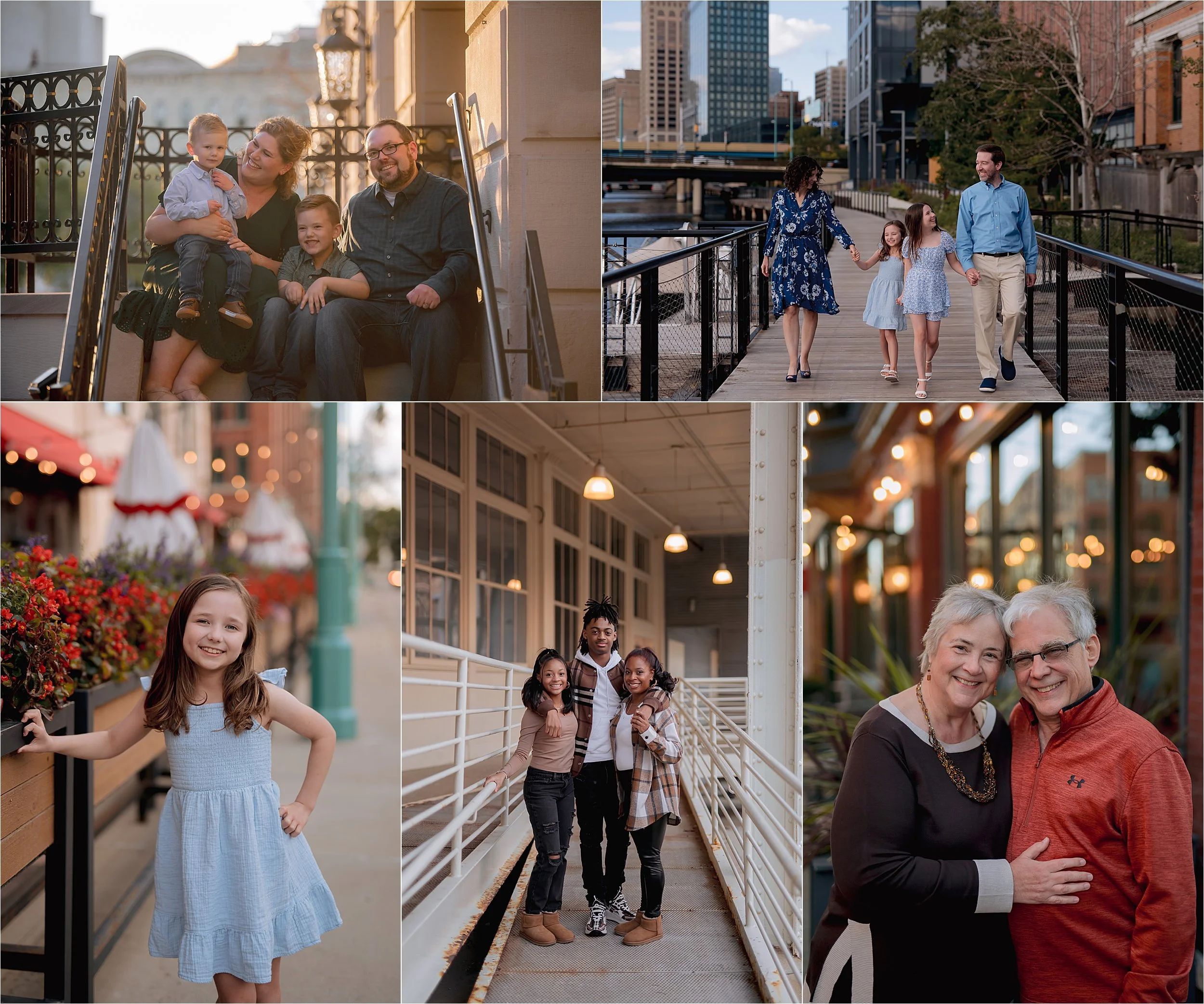 Family walking along the RiverWalk in Milwaukee’s Third Ward with string lights, historic brick, and city charm