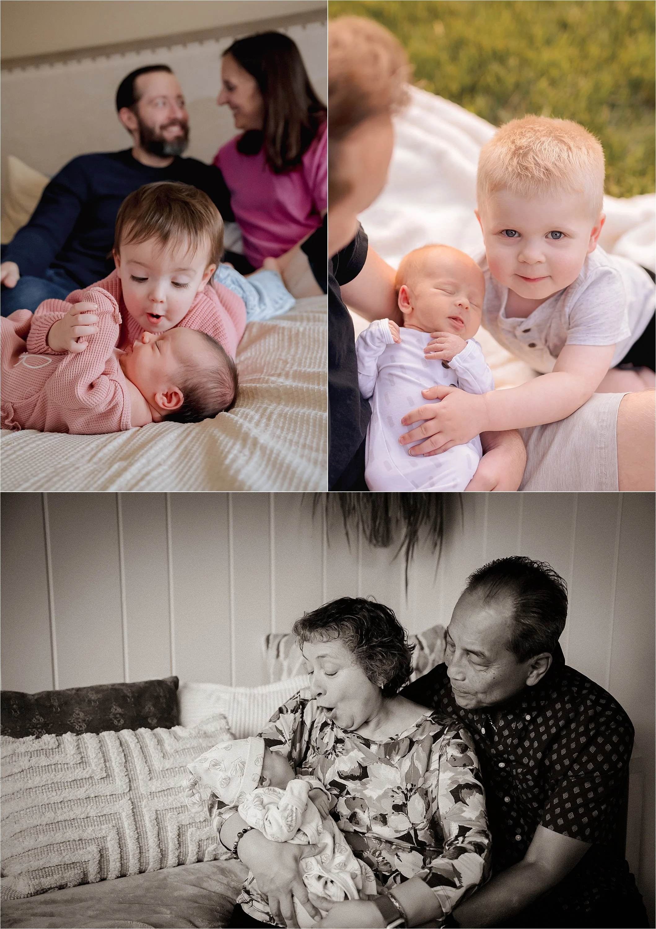 Family gathered together with newborn including siblings and grandparents during an in-home newborn session