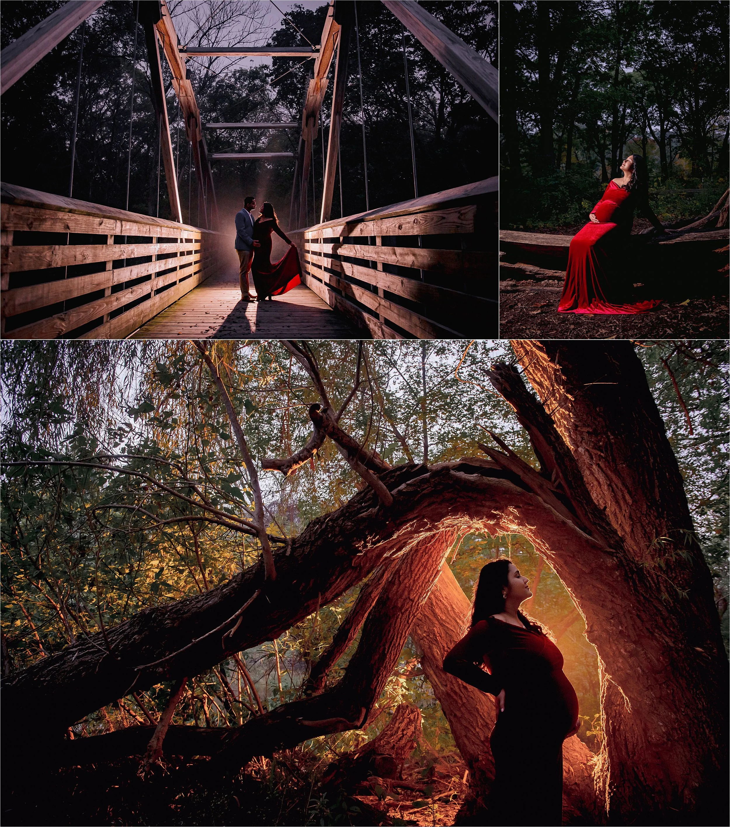 Pregnant woman in red dress during artistic outdoor maternity session in wooded area and on bridge