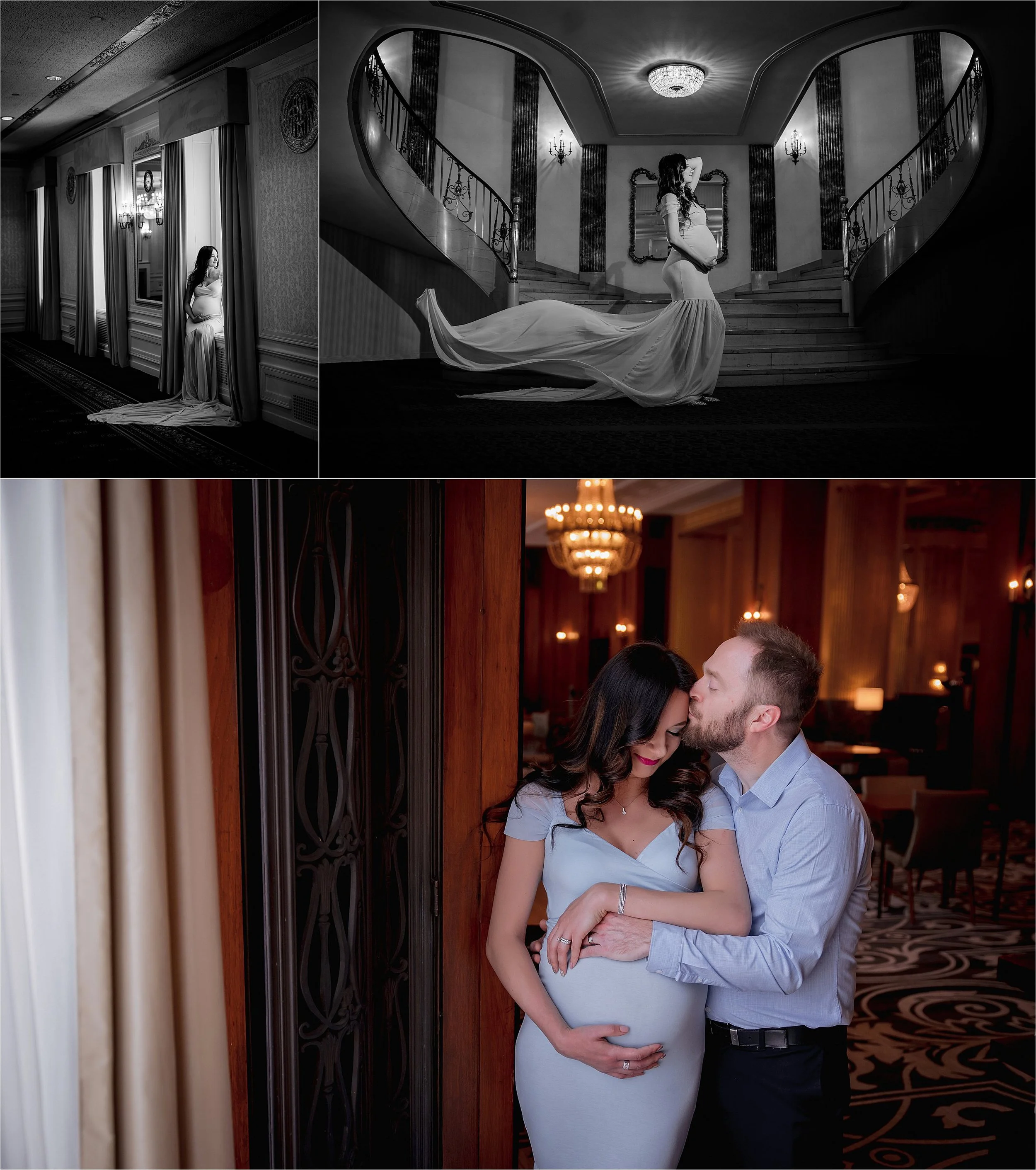 Elegant maternity session inside Milwaukee hotel with dramatic lighting and flowing dress