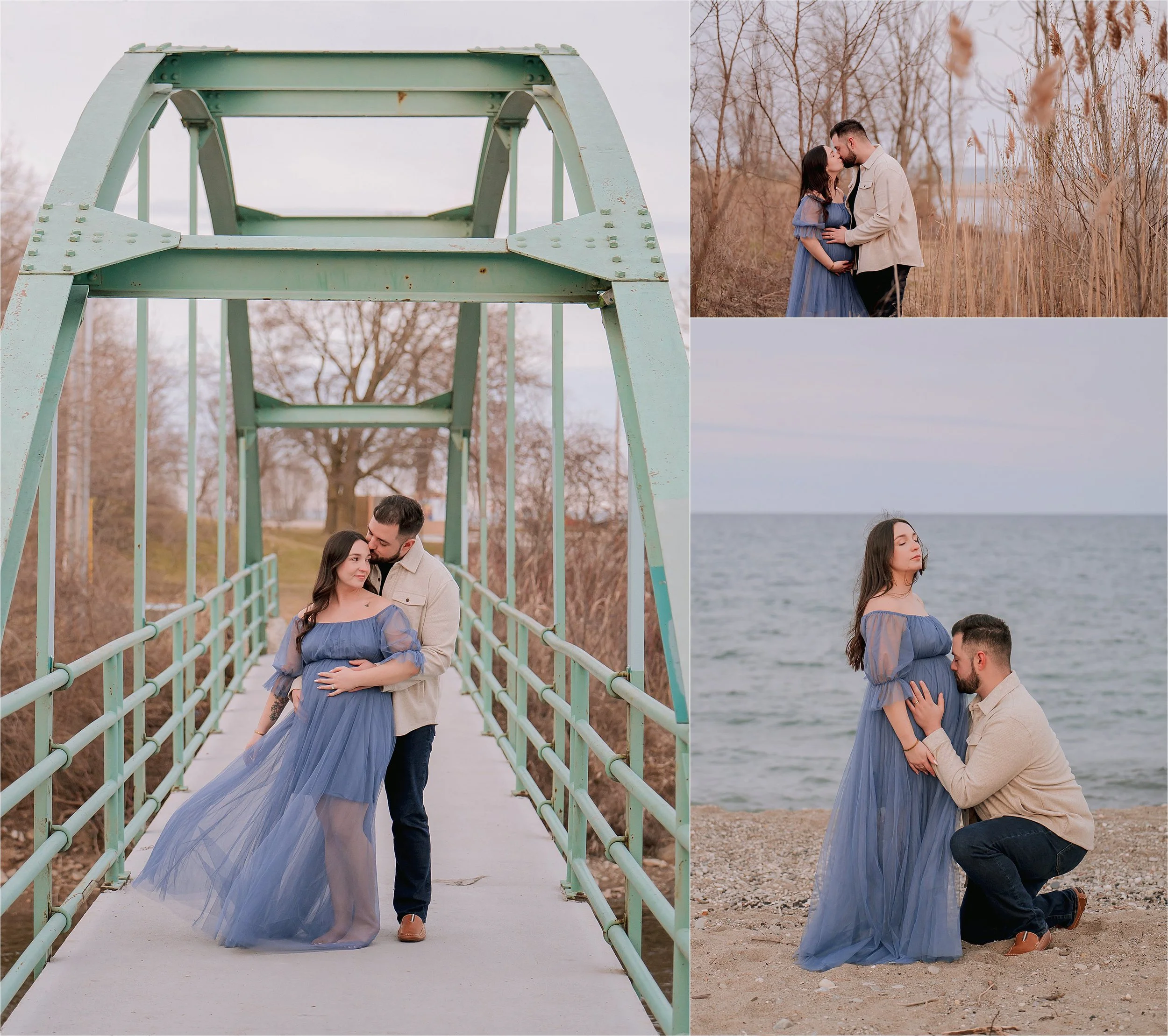 husband kissing wife's belly at grant park beach maternity session with pedestrian bridge