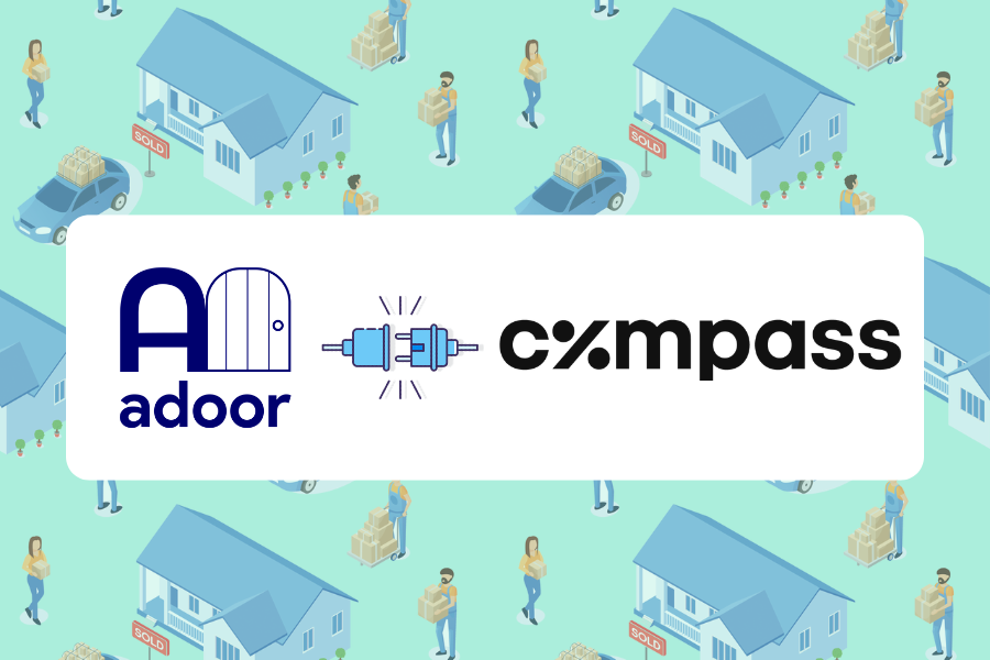 Light blue background with house pattern with sold signs. The image displays the adoor (home for your house move) and Compass (SDLT Calculation) logos. announcing our partnerships between the 2 companies.