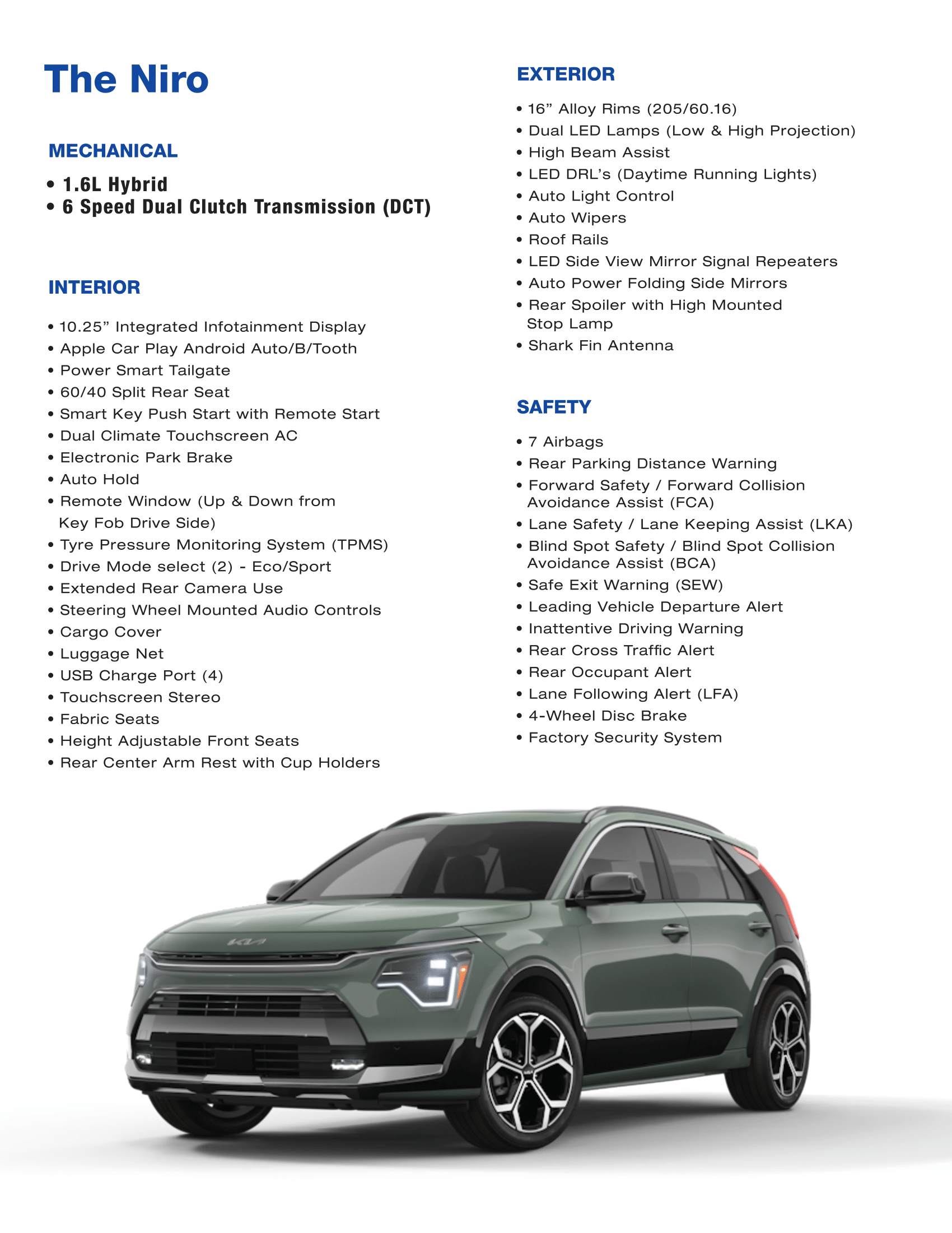 A Kia Niro vehicle with detailed specifications listed next to it, including mechanical, interior, exterior, and safety features.