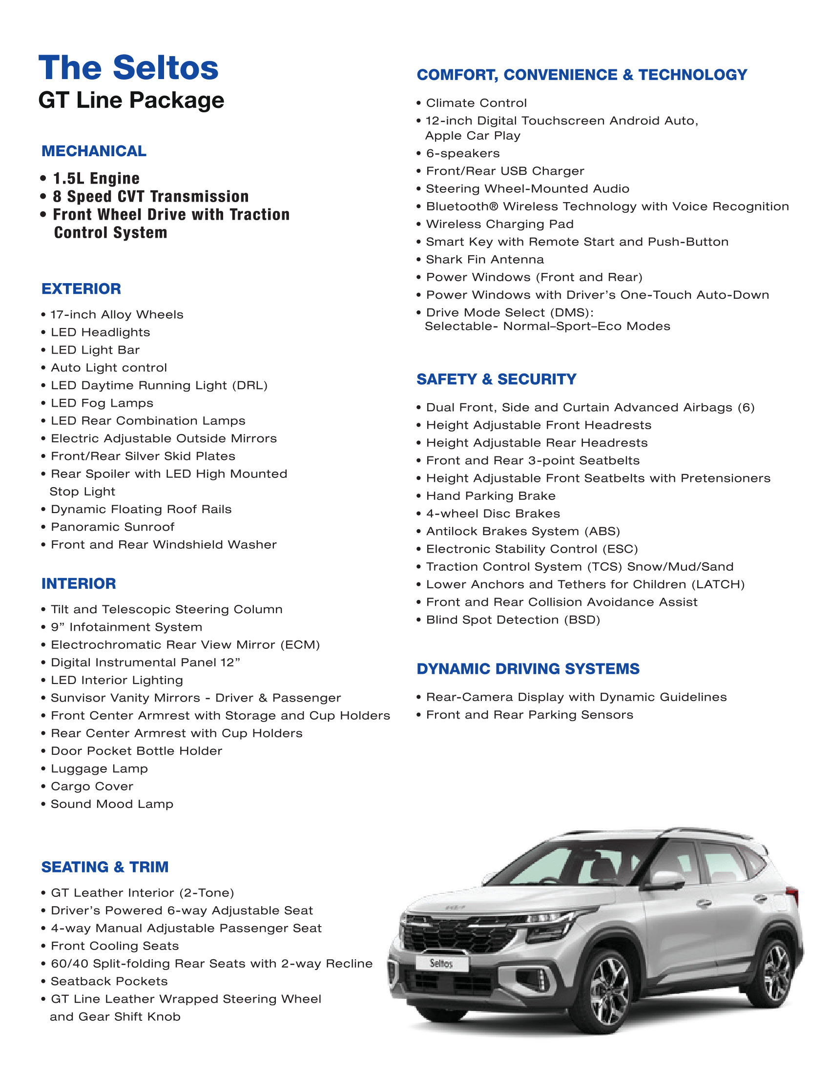 A brochure detailing the features of The Seltos GT Line Package, including mechanical, exterior, interior, comfort, security, and dynamic driving systems, alongside a photo of the car.