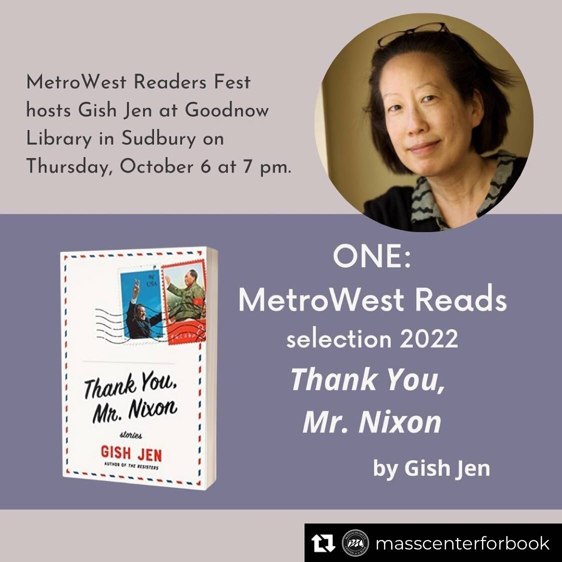 Thank you for sharing, @masscenterforbook 

Repost from @masscenterforbook
&bull;
@MetroWestReadersFest is happy to host @GishJen at @GoodnowLibrary in Sudbury on October 6 at 7 pm. There will be an option to tune in virtually as well. In addition to