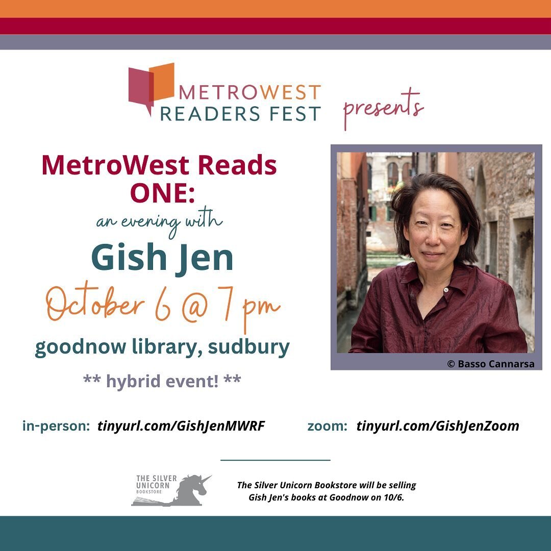 As of this posting, there are FOUR in-person spots left for our event with Gish Jen at Goodnow Library (Sudbury) @ 7 pm on Thursday. tinyurl.com/GishJenMWRF (*** Please note that this summer we changed the in-person venue to Goodnow, which is differe