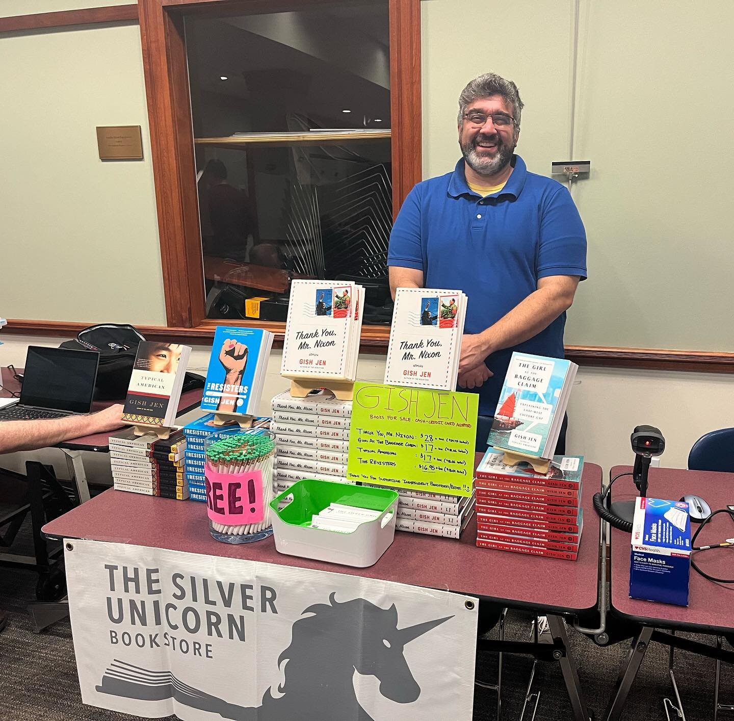 🥇MVP of booksellers&hellip;Paul Swydan of West Acton&rsquo;s Silver Unicorn Bookstore!

A big thank you to @silverunicornbooks for coming out Thursday with a selection of Gish Jen&rsquo;s books: TYPICAL AMERICAN, THE RESISTERS, GIRL AT THE BAGGAGE C