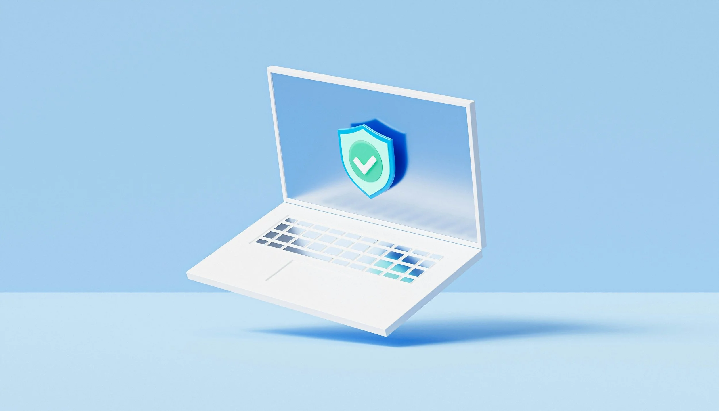 A white laptop floating above a light blue background, with a shield with a checkmark symbol displayed on its screen.