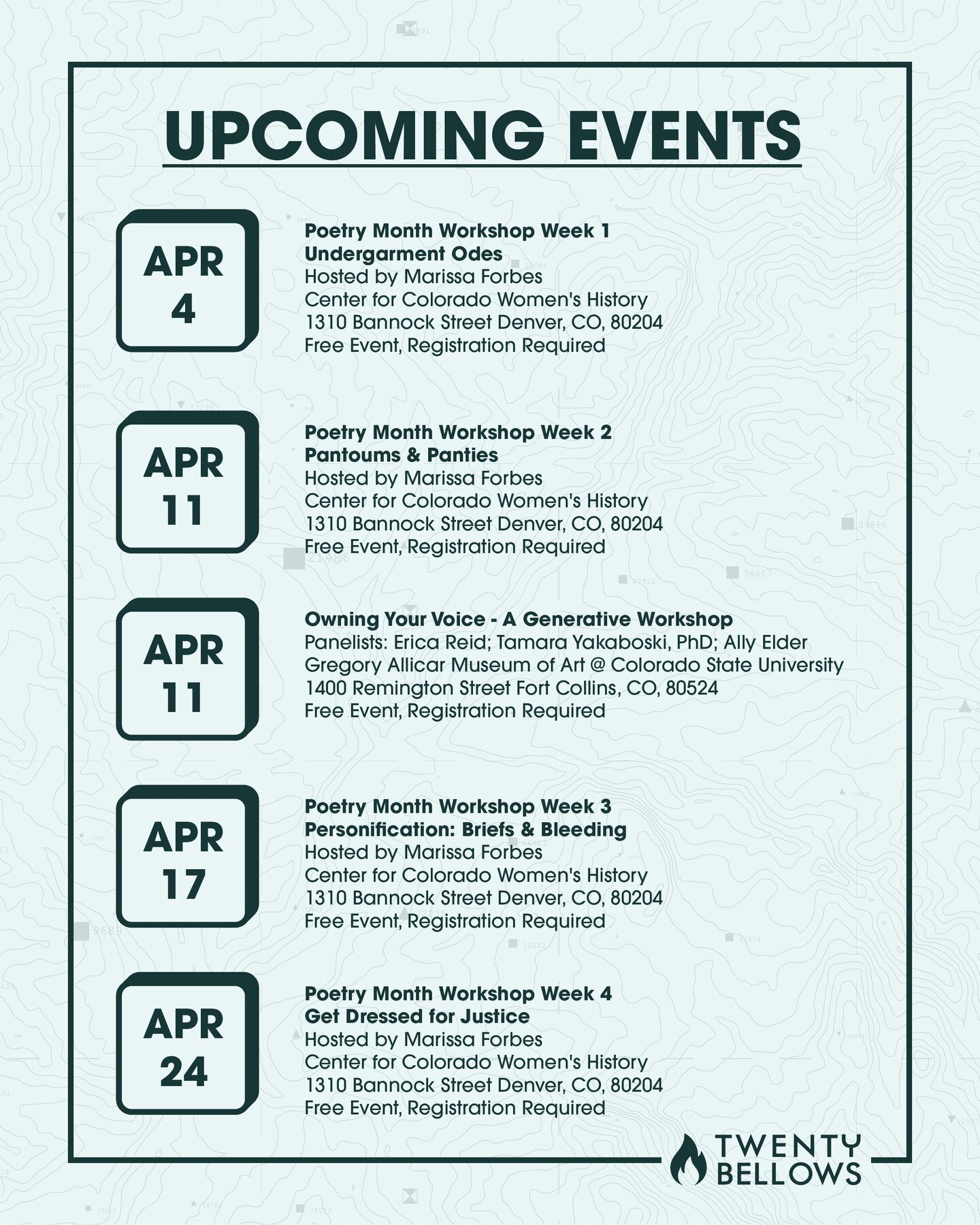 No fooling! We have a TON of programming for you all this month, and we can't wait to dig in. Take a look at just some of the live events we have planned this month, and head over to twentybellowslit.com to learn more and sign-up. See you out there!