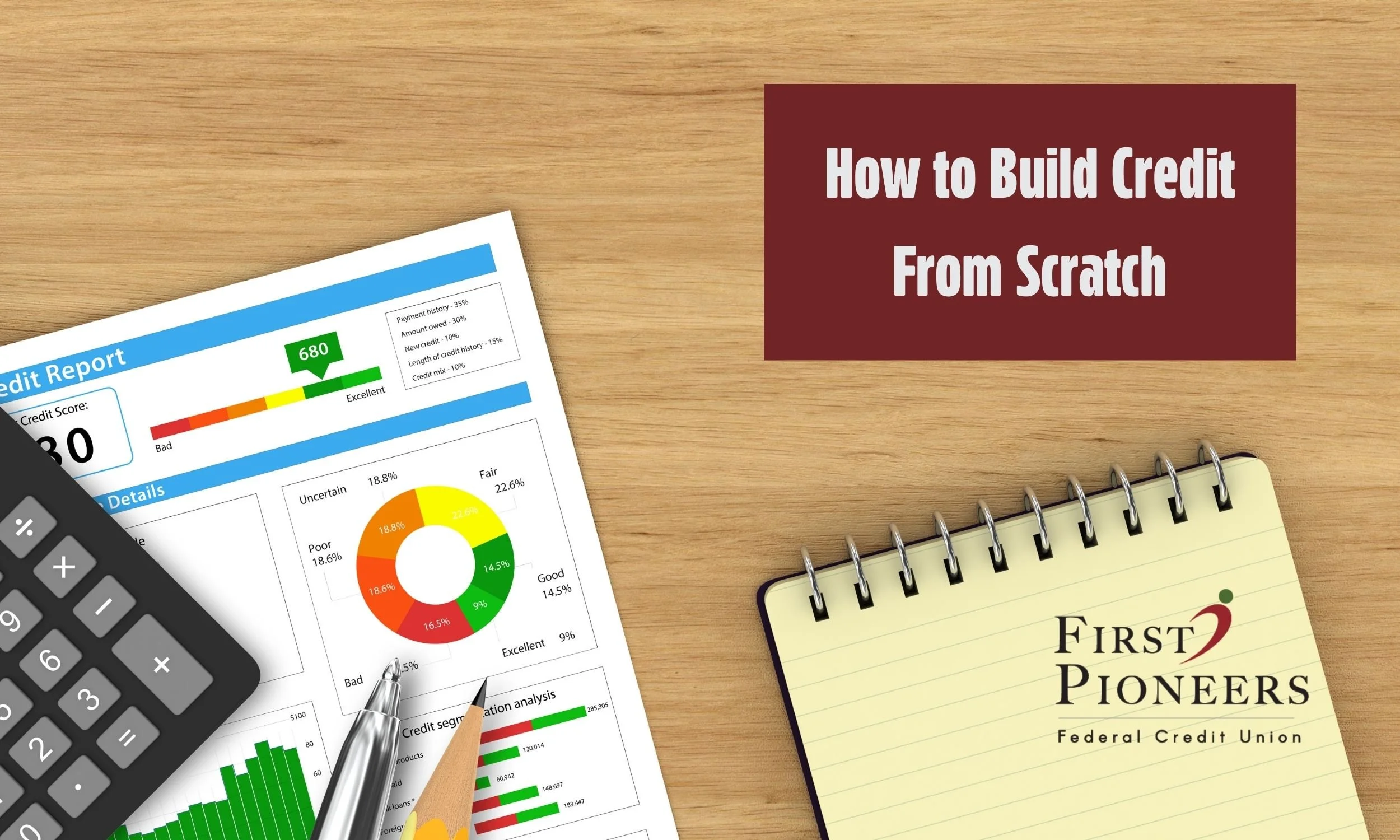 A credit report with a credit score chart, calculator, pen, and notebook displaying the title “How to Build Credit From Scratch” and the First Pioneers Federal Credit Union logo.