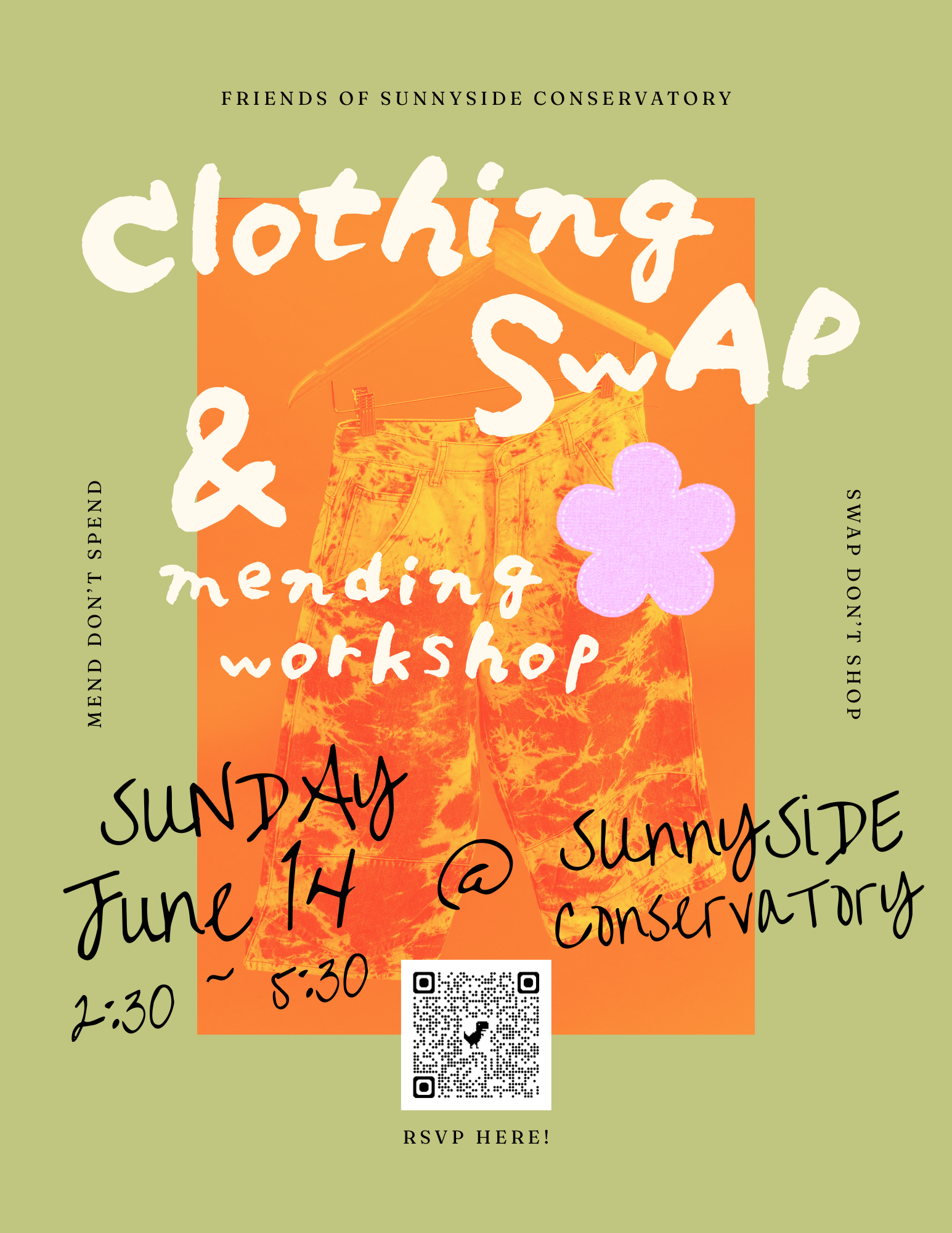 Flyer for Friends of Sunnyside Conservatory Clothing Swap & Mending Workshop, Sunday June 14, 2:30–5:30pm