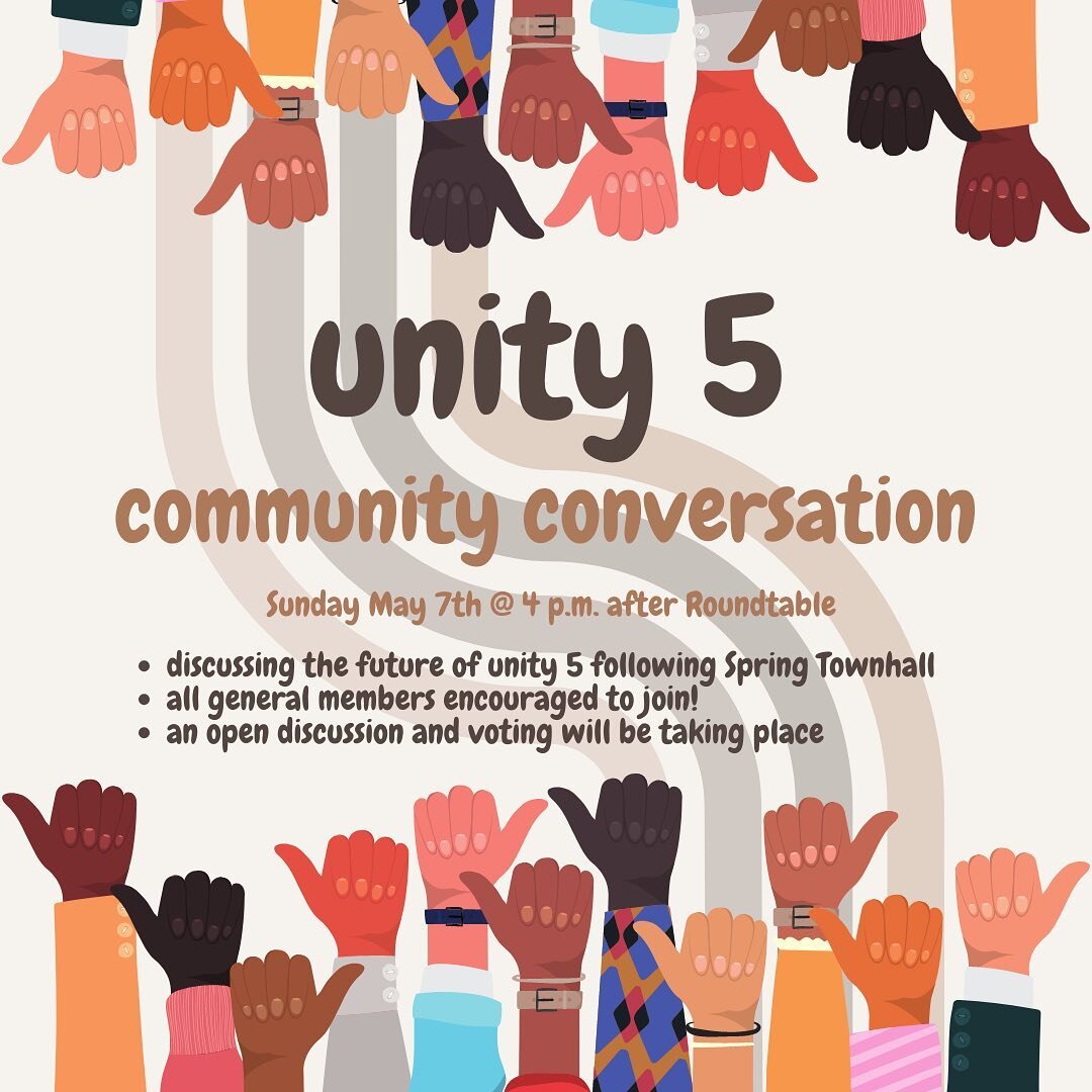 Following our Townhall tonight, we will be having a community conversation discussing Unity 5. Join us on Sunday, May 7th for an open discussion and for voting! Board members, we request all of your attendance! General members, we highly encourage yo