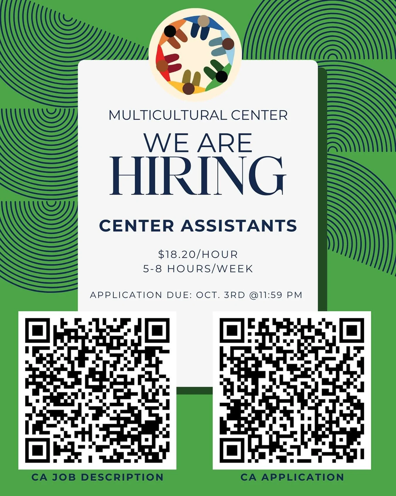 We are hiring MCC Center Assistants for the 25-26 school year! Use the QR codes to learn more about the position and apply by 11:59pm on October 3rd. We&rsquo;re looking forward to reading your application!