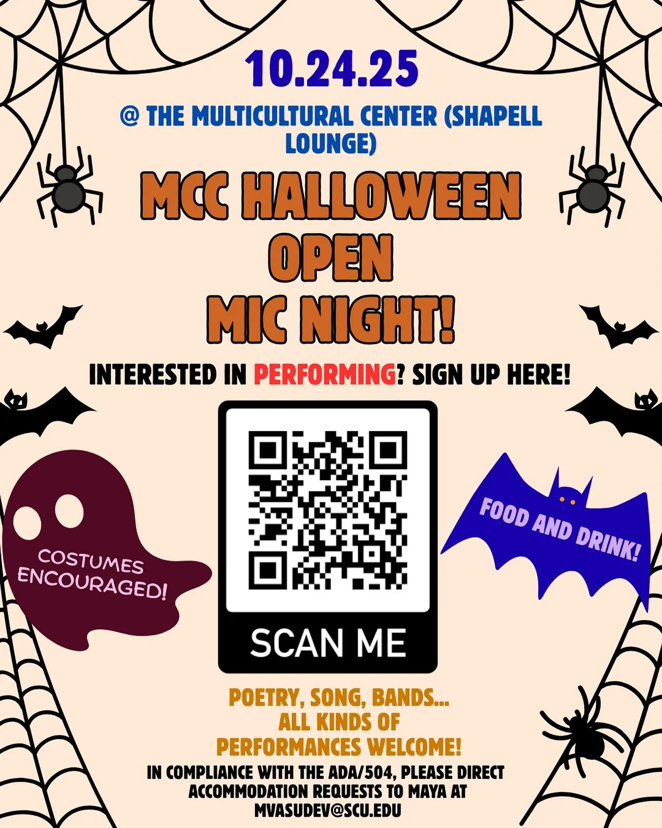 🎃👻 Get ready for a spook-tacular night! Join us at the MCC for our Halloween Open Mic Night on 10/24! 🎤🎶 Whether you&rsquo;re into poetry, song, or just want to vibe to the tunes, we want to see YOU perform! 🖤

🕸️ Costumes are highly encouraged