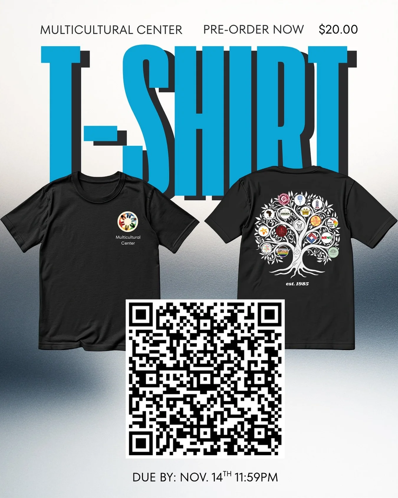 Our brand new Multicultural Center T-shirts are officially available for pre-order! Represent the MCC and our amazing student communities in style ✨
.
💵Price: $20.00
🗓 Pre-order deadline: November 14th at 11:59 PM
📲 Scan the QR code to place your 