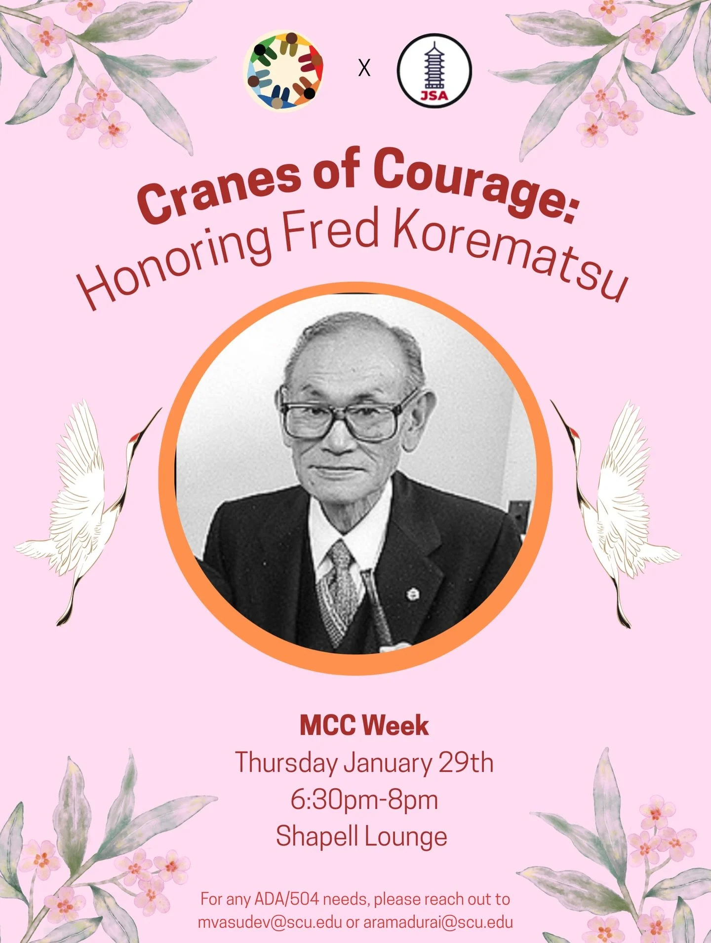 Join us as we honor courage, resilience, and legacy. 🌸
Cranes of Courage: Honoring Fred Korematsu
📅 Thursday, January 29
⏰ 6:30&ndash;8:00 PM
📍 Shapell Lounge
Part of MCC Week: come fold origami cranes, eat good food, reflect, learn, and build com