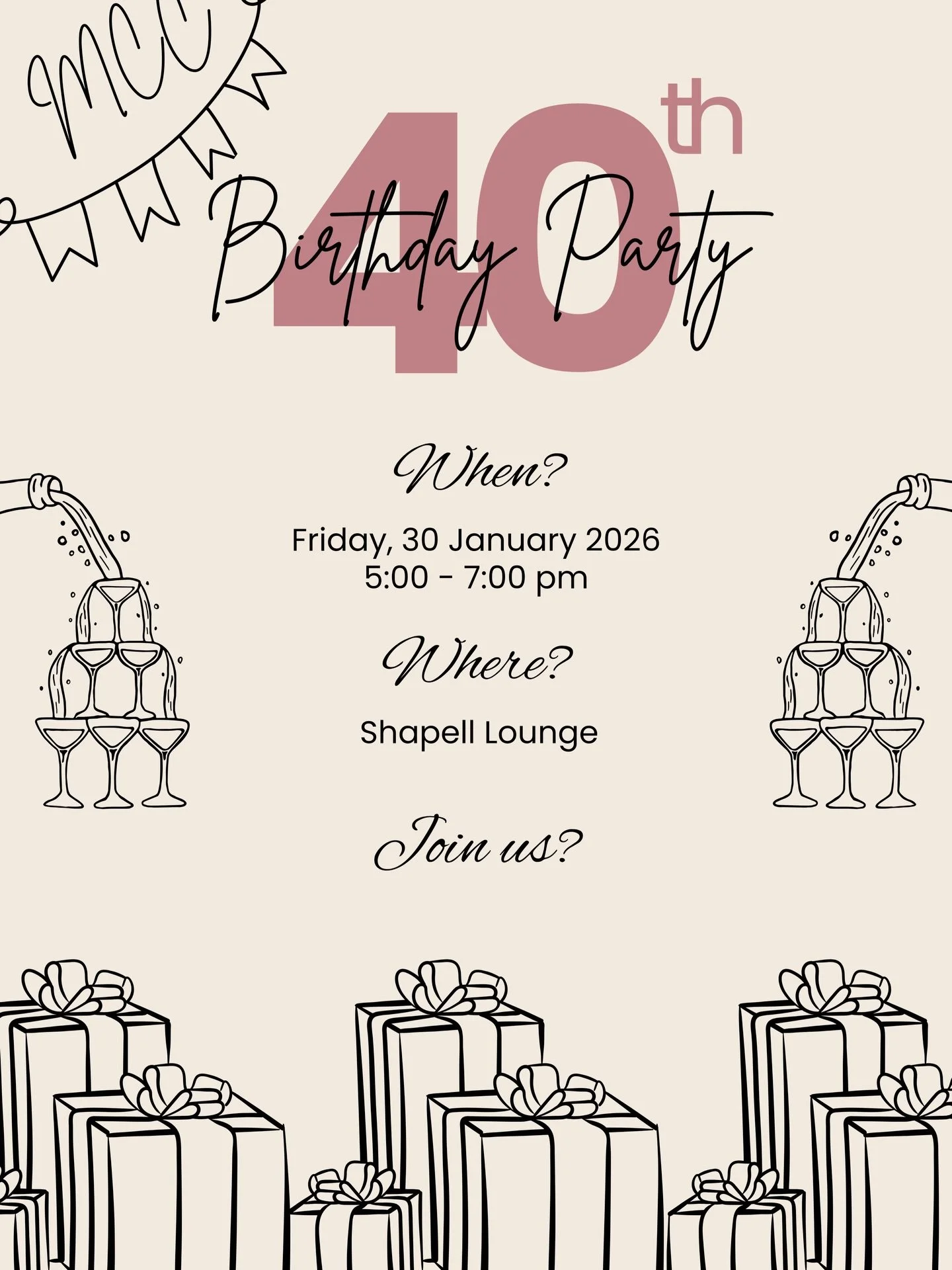 Forty, flirty, and fabulous🥂
Join us as we celebrate MCC&rsquo;s 40th Birthday! 🎉
.
🗓 Friday, Jan 30 | ⏰ 5&ndash;7 PM
📍 Shapell Lounge
Come toast, mingle, and celebrate big ✨
