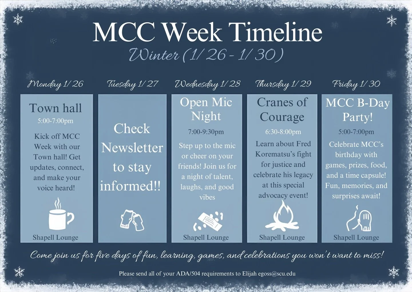 Winter Week is here! ❄️✨

Join us from Jan 26 - Jan 30 for a week full of fun, learning, and celebration at Shapell Lounge. From our Town Hall kickoff to the big MCC Birthday Bash on Friday, you won&rsquo;t want to miss this lineup.
Save this post so