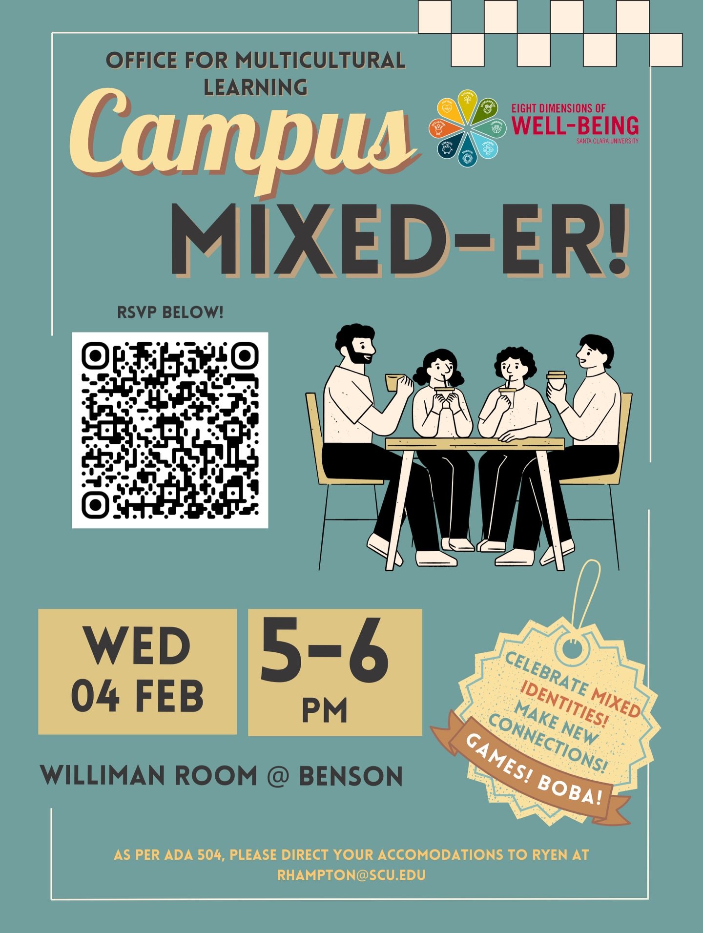 ✨Mix it up with the OML✨
.
Campus MIXED-ER! is happening! Come celebrate mixed identities, make new connections, and hang out over games + boba 🧋🎲
.
📅 Wed, Feb 4
⏰ 5&ndash;6 PM
📍 Williman Room @ Benson
.
RSVP via the QR code &amp; bring a friend 