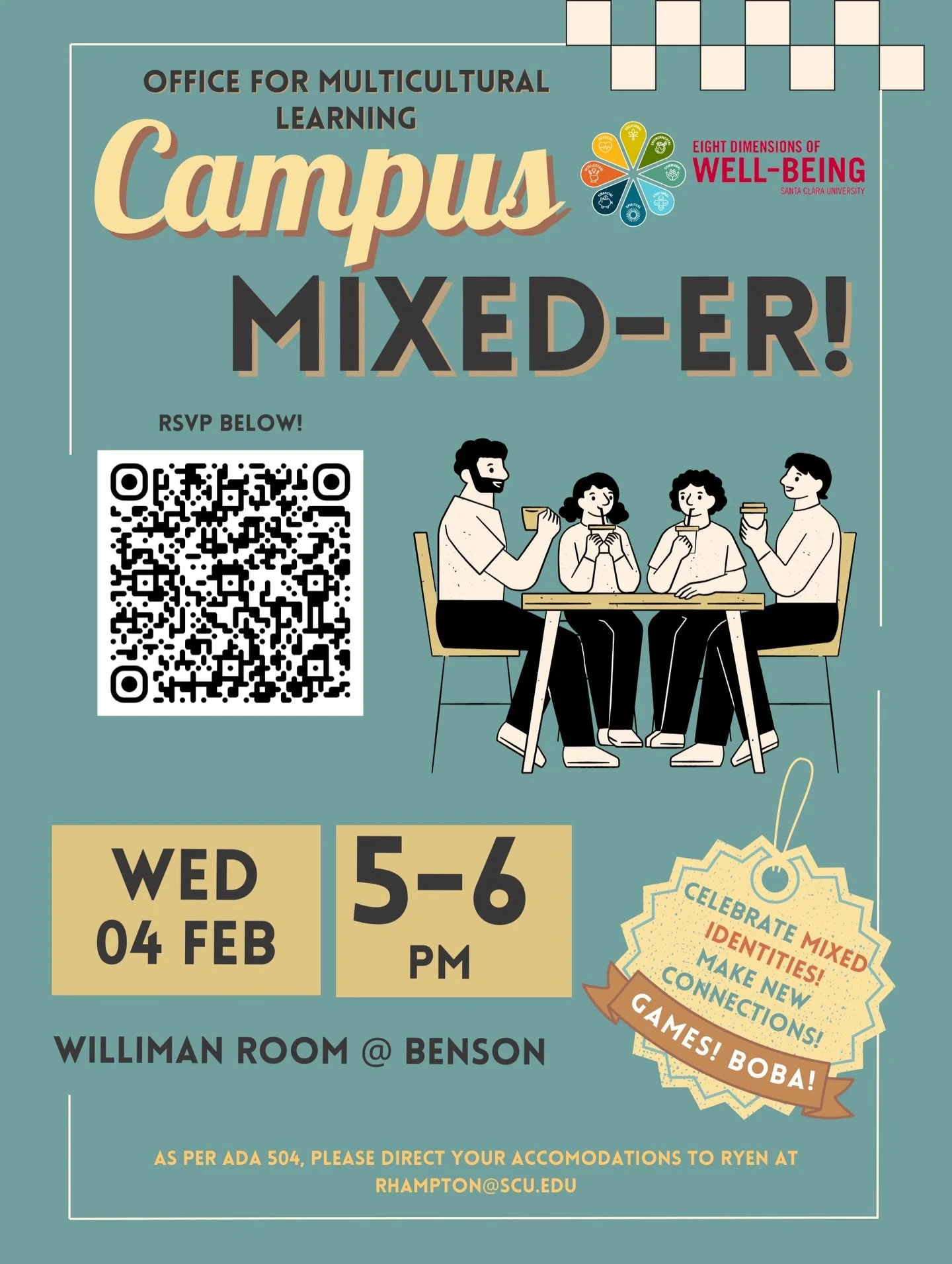✨Mix it up with the OML✨
.
Campus MIXED-ER! is happening! Come celebrate mixed identities, make new connections, and hang out over games + boba 🧋🎲
.
📅 Wed, Feb 4
⏰ 5&ndash;6 PM
📍 Williman Room @ Benson
.
RSVP via the QR code &amp; bring a friend 