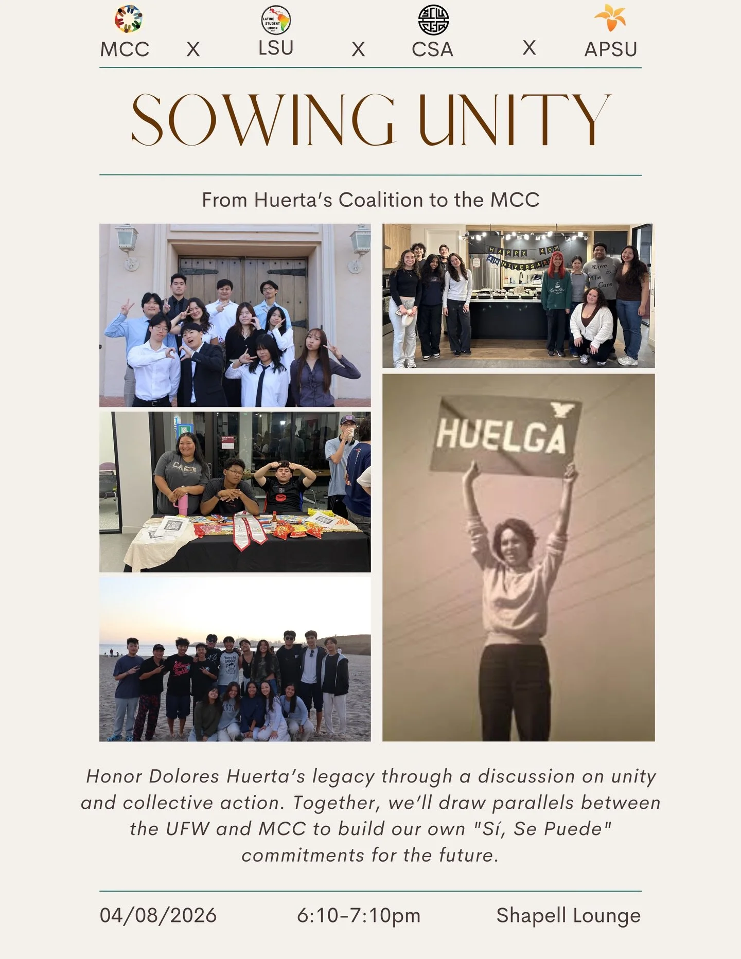 Sowing Unity: From Huerta&rsquo;s Coalition to the MCC 🌱✨

In honor of Dolores Huerta and the UFW movement, we&rsquo;re coming together to explore the power of coalition-building. Just as Huerta paved the way for collective action, we&rsquo;re refle