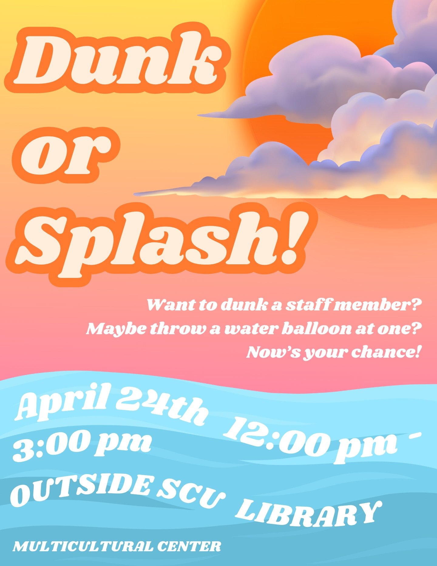 The Multicultural Center is hosting Dunk or Splash! and it&rsquo;s your chance to finally dunk your favorite staff members or aim true with a water balloon. Whether you&rsquo;re looking for a quick toss or a full soak, we&rsquo;ve got you covered!

?