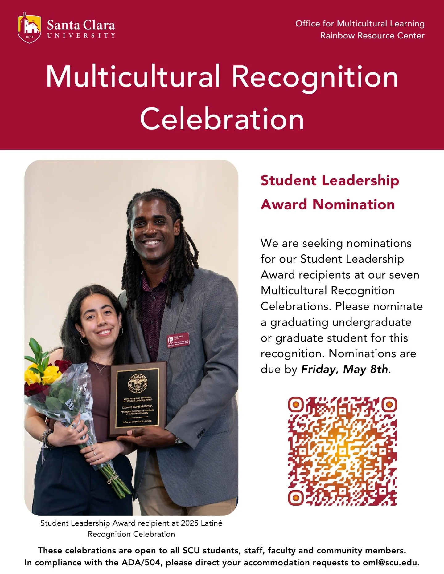 CELEBRATE OUR LEADERS! 🎓✨
.
The Office for Multicultural Learning is looking for nominations for the Student Leadership Awards! 

We want to recognize the incredible graduating seniors who have poured their hearts into our community.

We are specifi