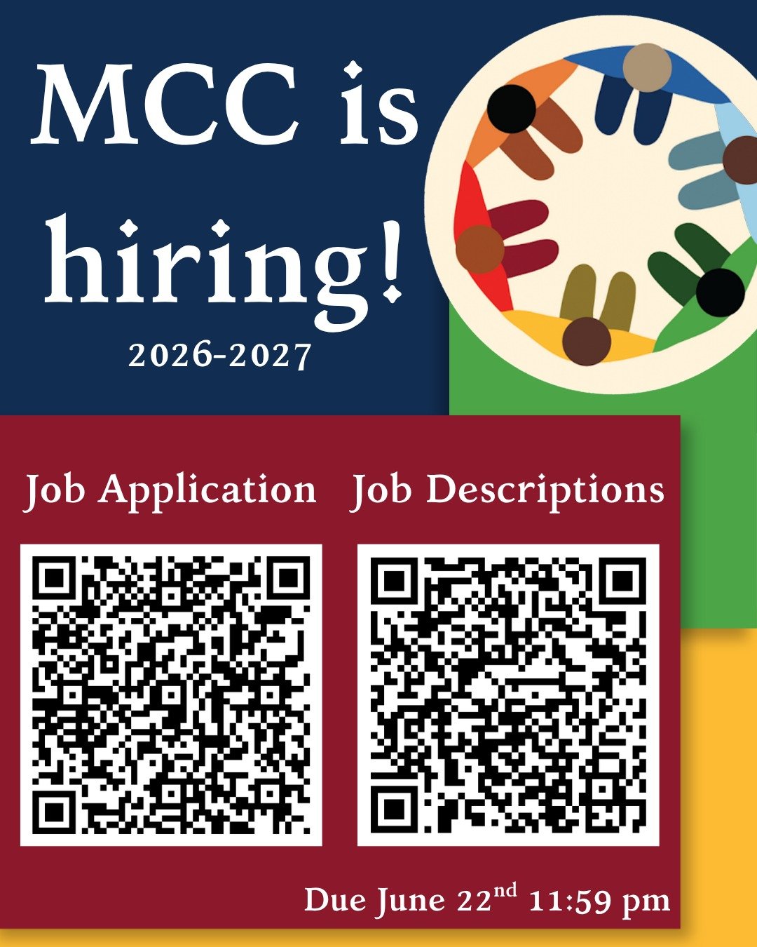 The MCC is hiring for next year! Scan the QR codes to learn about the roles and to apply! Deadline to apply is June 22nd 11:59pm!