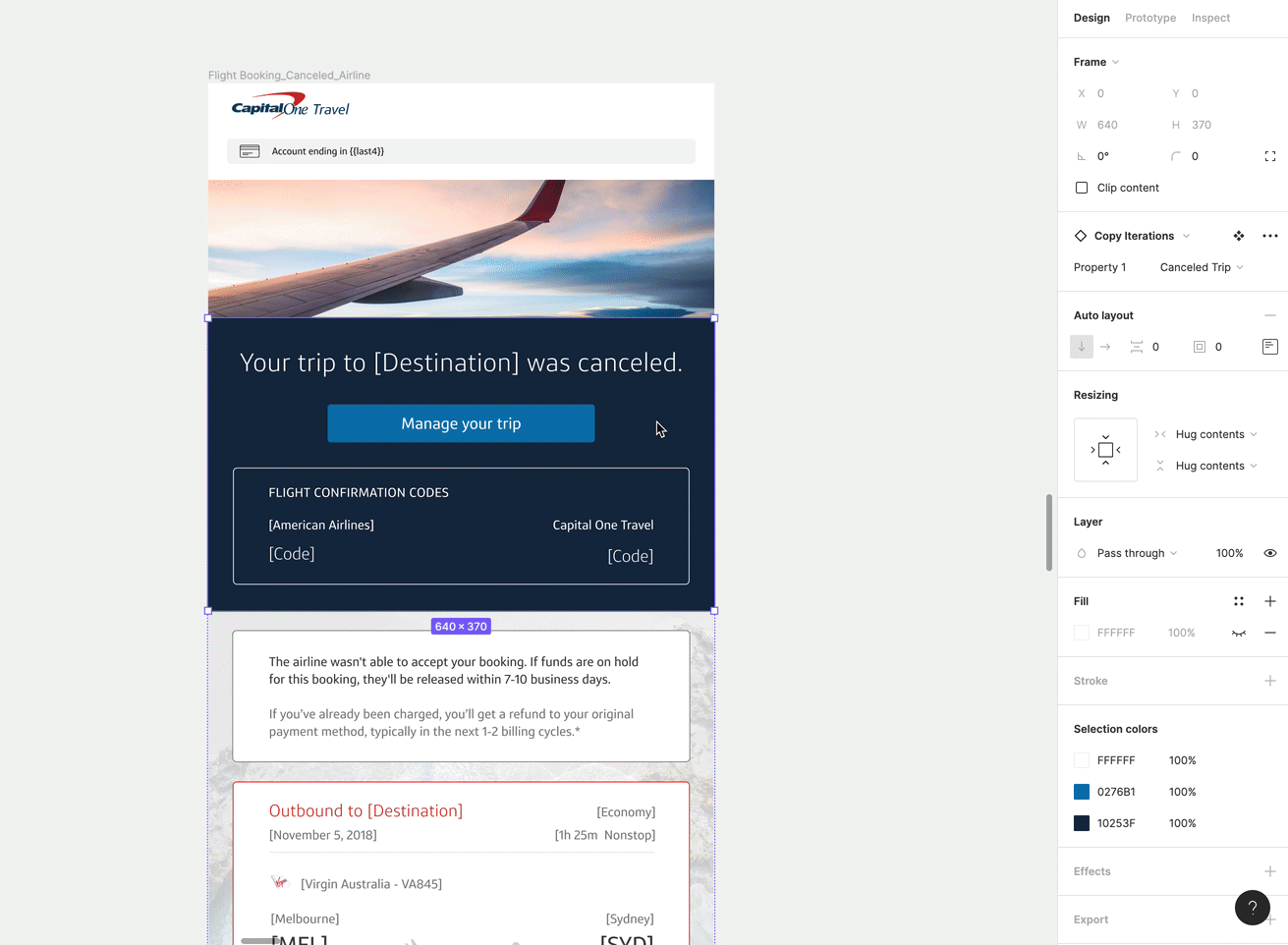 Screenshot of a canceled flight booking notification for a trip to an unspecified destination, showing airline and booking details, with a background image of airplane wings during sunset.