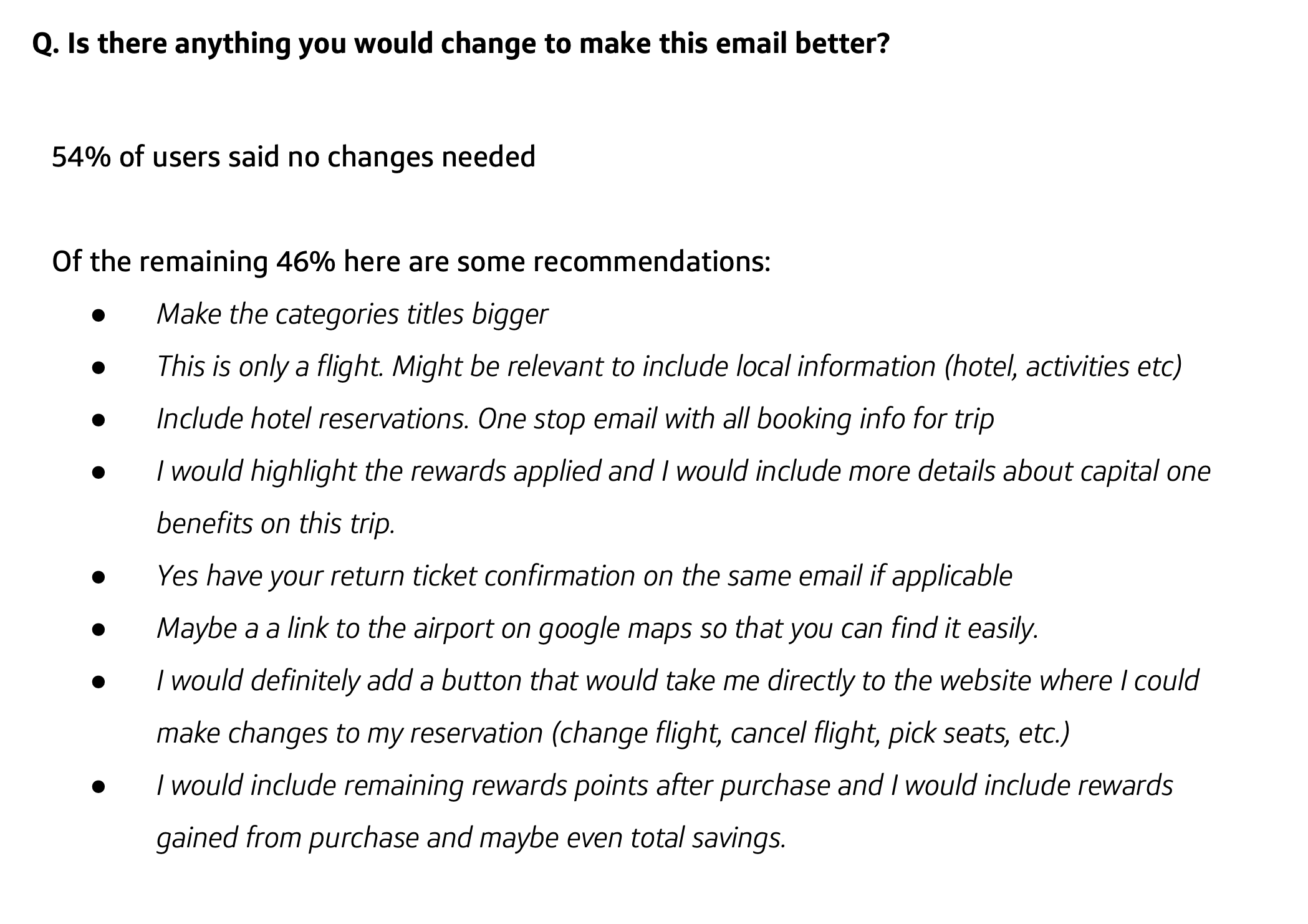Survey question asking if anything should be changed to improve an email, with a list of detailed recommendations.