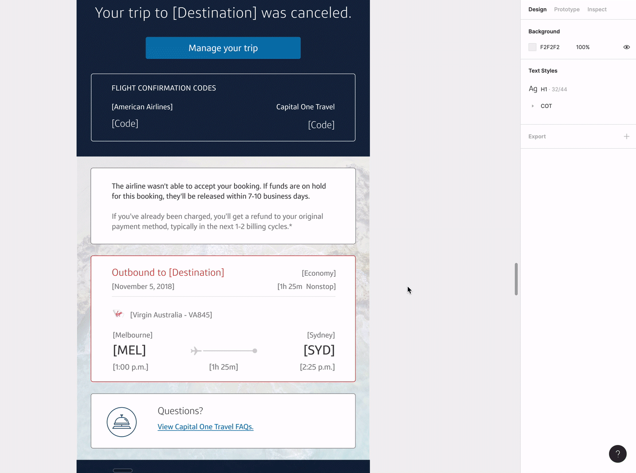 Screenshot of a canceled flight itinerary showing flight details from Melbourne to Sydney for November 5th, 2018. The page mentions a refund process and provides an FAQ link for questions.