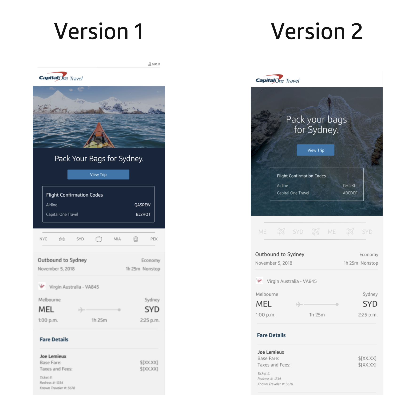 Comparison of two mobile airline boarding passes for a flight from Melbourne to Sydney on November 5, 2018, issued by Virgin Australia, showing flight details, confirmation codes, and a scenic background image of a kayaking scene with snow-covered mountains.