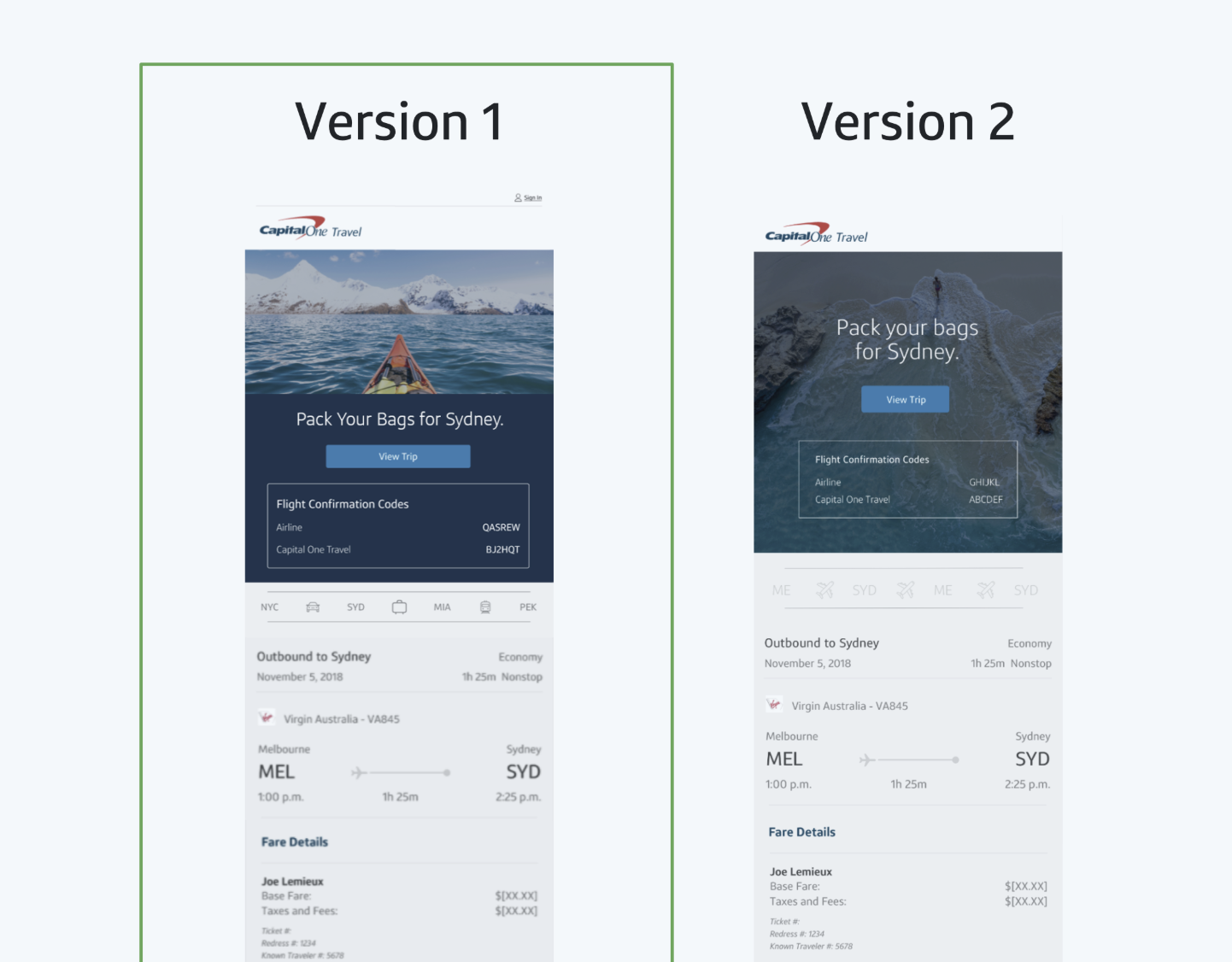 Comparison of two mobile travel booking app screens for Capital One Travel, showing flight details from Melbourne to Sydney on November 5, 2018, with different layouts and backgrounds.