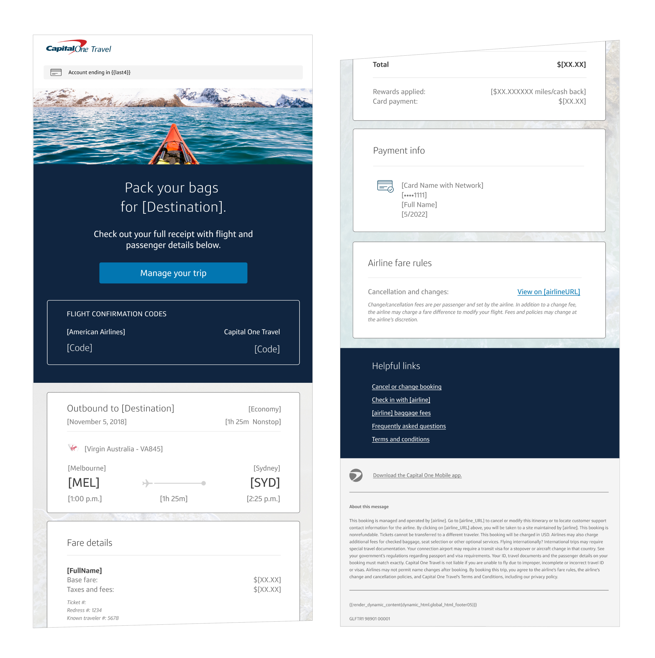 Travel itinerary and boarding pass for a flight from Melbourne to Sydney, issued by Capital One Travel, with a background of a lake and mountains, and details of flight times, passenger, and fare information.