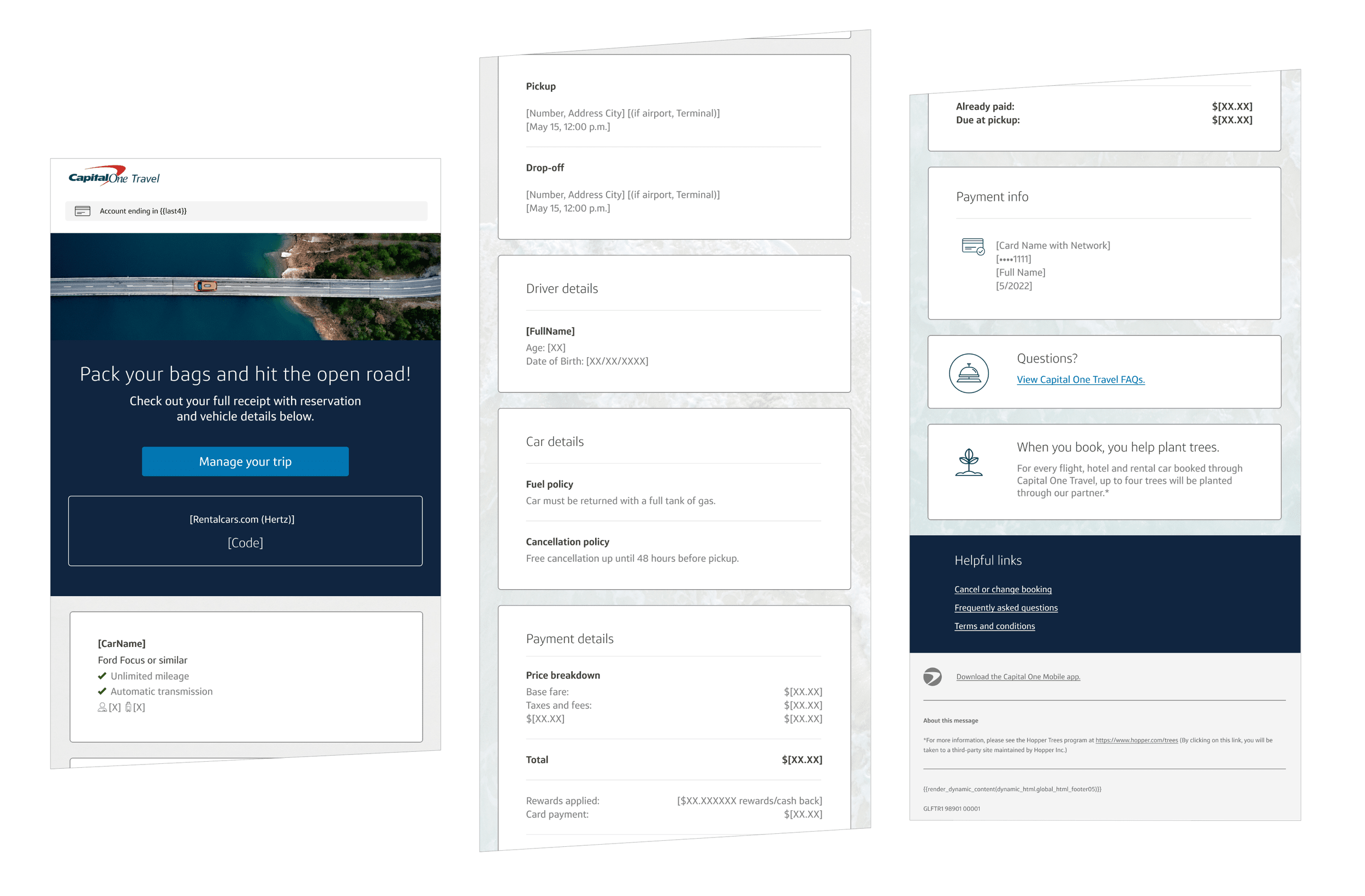 Travel reservation confirmation with details for car rental, pickup, and drop-off, including payment info and helpful links.