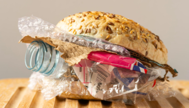 sandwich bun filled with plastic trash