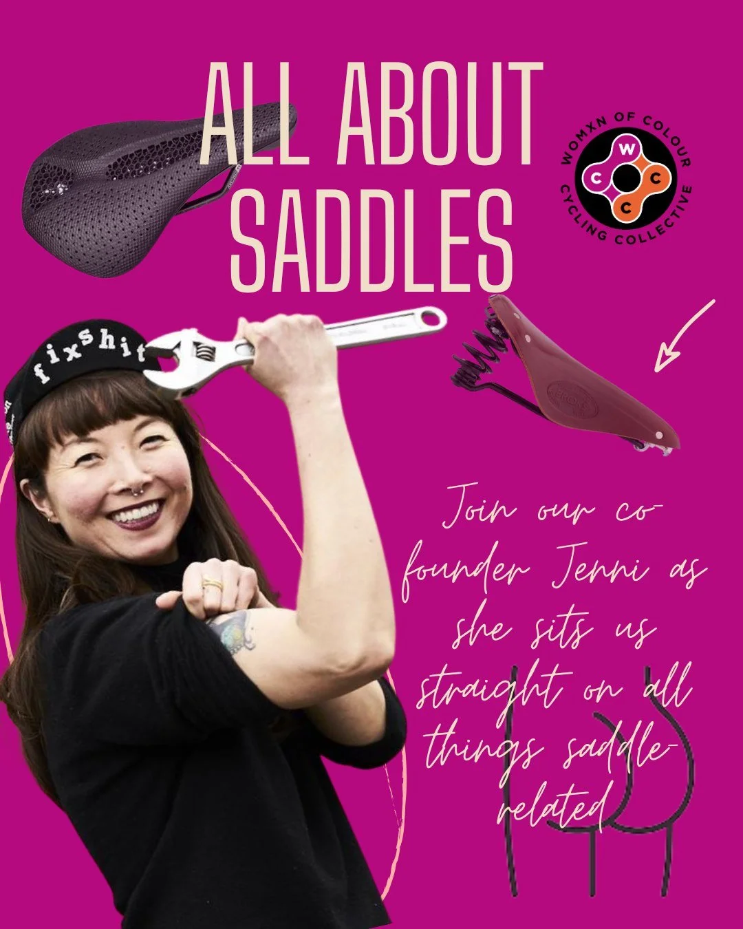 WCCC co-founder Jenni Gwiazdowski aka @money_melon is a bike mechanic who now works as the operations manager at Herne Hill Velodrome &amp; used to run the London Bike Kitchen.

She started a saddle library in 2018 and by her own reckoning has &quot;