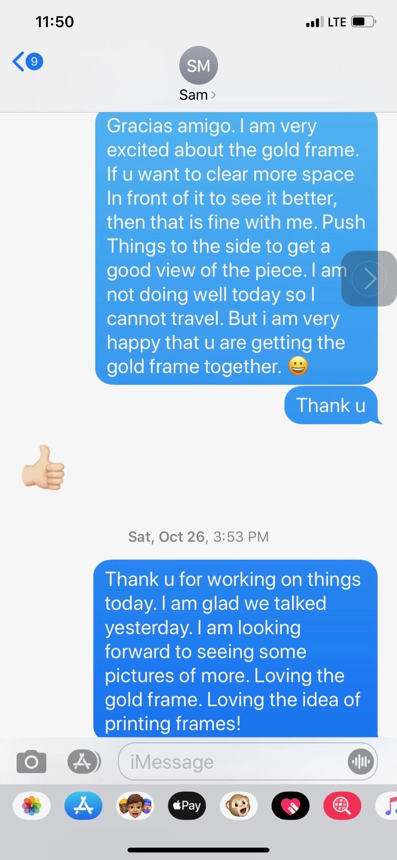 October 2019 Text to studio collaborator and Photo editor about Wink gold frame 